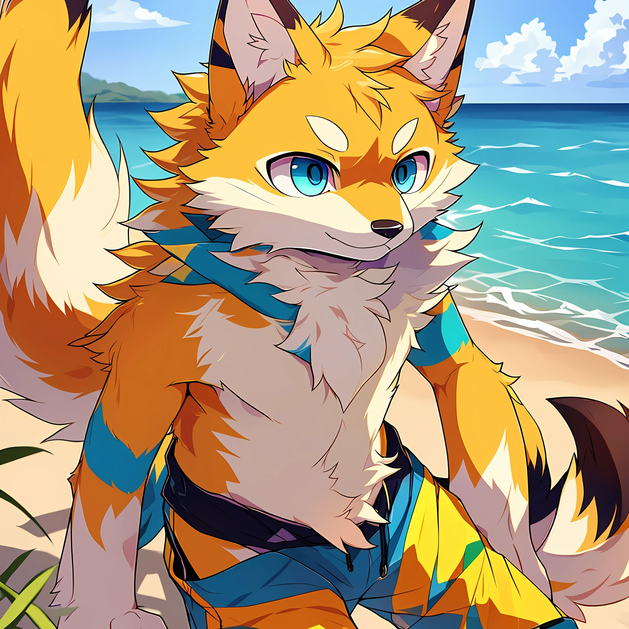 high detal、super high image quality、Ultra-high resolution 1080P,A solo furry male fox,The fur is yellow,Ears yellow,blue color eyes,Purple heterochromic pupils,sharp talons,The tail is fluffy,Wear swimming trunks,Located on the beach,With a tsundere expression。