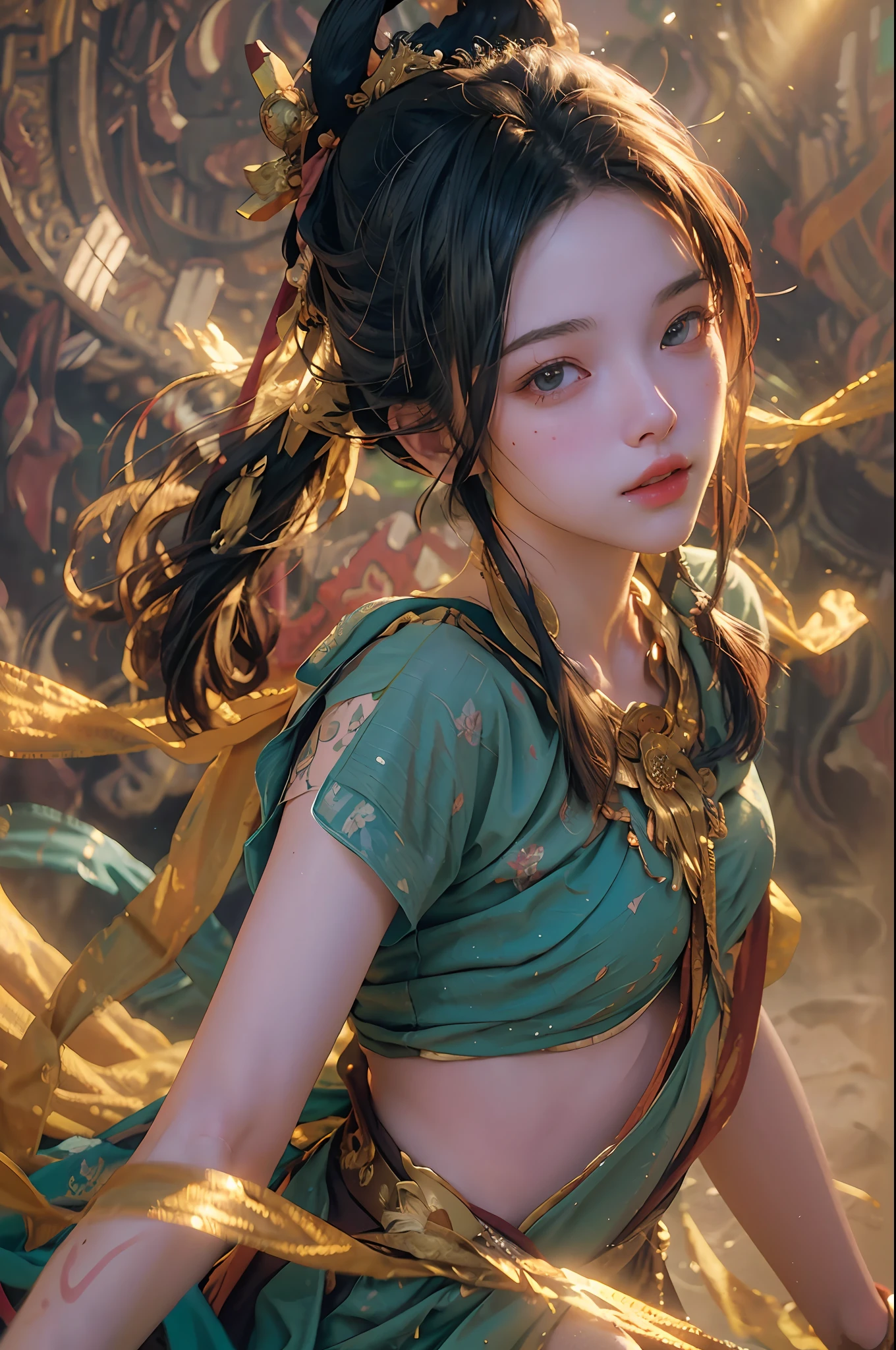 (RAW photo, best quality), (realistic, photo-realistic:1.3),best quality,highly detailed,masterpiece,ultra-detailed,illustration,1girl,upper_body,dynamic angle,world masterpiece theater,messy_long_hair,best quality,extremely detailed CG unity 8k wallpaper,ink,Amazing,cinematic lighting,lens_flare, dunhuang_style