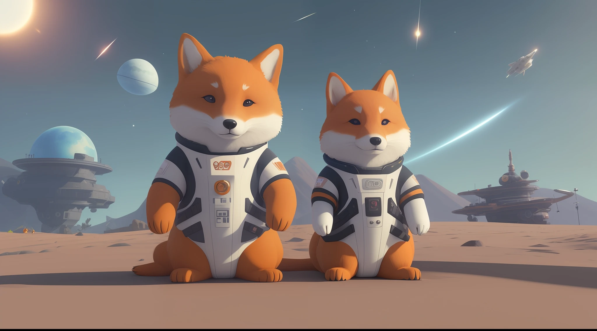 Two foxes in spacesuits stand side by side, corgis in no man's sky, Rendered in redshift, Star Fox, corgi cosmonaut, Fox scientist, FBX, cute 3 d render, red shift render, Redshift renderer, digital fox, shiba inu cosmonaut, trending on sketchfab, trending on polycount