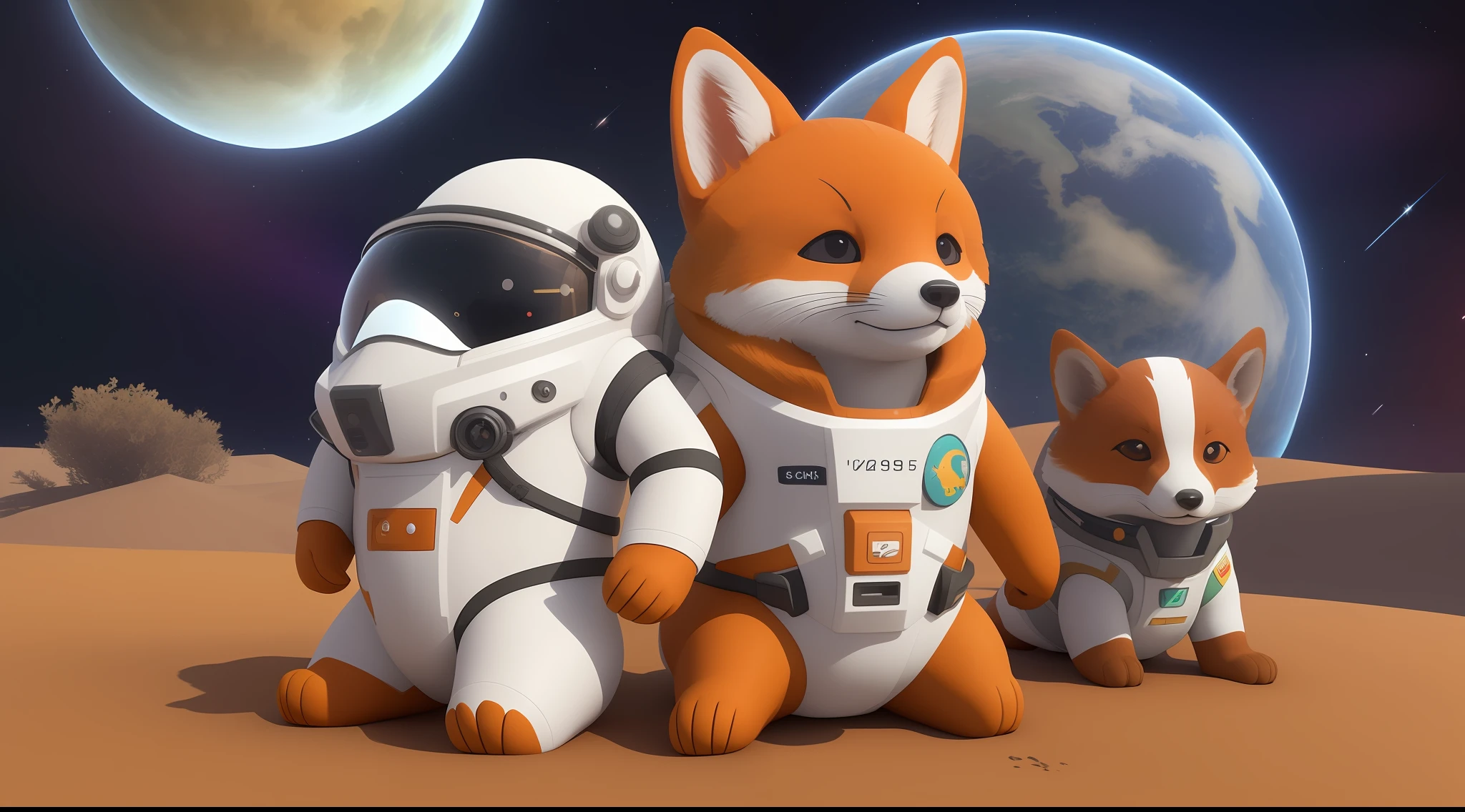 Two foxes in spacesuits stand side by side, corgis in no man's sky, Rendered in redshift, Star Fox, corgi cosmonaut, Fox scientist, FBX, cute 3 d render, red shift render, Redshift renderer, digital fox, shiba inu cosmonaut, trending on sketchfab, trending on polycount
