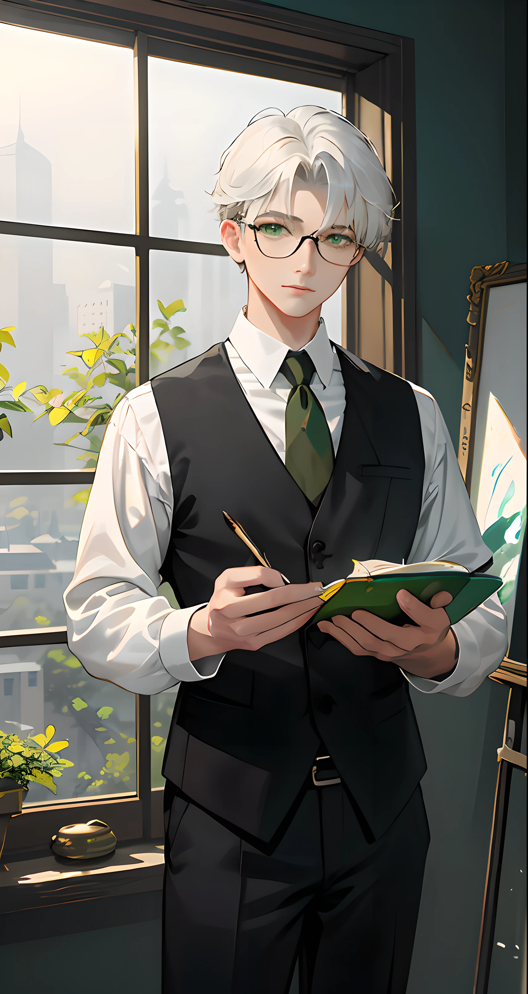 (picture quality is high，Realistic painting style，The light is hazy)，Handsome boy with green eyes holding a paintbrush is creating a landscape oil painting，earnestly、Introverted and shy。with short white hair，Exudes a natural emerald glow，Sharp pupils，The eyes are particularly good-looking。Glasses are a must-have for him，The attention to detail is meticulous and perfectly presented。