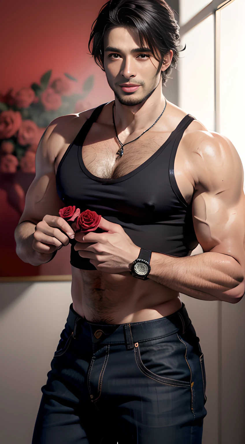 ((Men only)), (Cowboy Shot), (black handsome muscular man in his 20's), black handsome muscular man (holding a lot of very big red roses), (white wall) in the background, He wears men's gray tanktop, Mischievous smile, (detaile: 1 in 1), Natural muscles, HIG quality, beautidful eyes, (Detailed face and eyes), (Face、: 1 / 2), Noise, Real Photographics、... .............................................................PSD, Sharp Focus, High resolution 8K, realisitic & Professional Photography, 8K UHD, Soft lighting, High quality, Film grain, FujifilmXT3