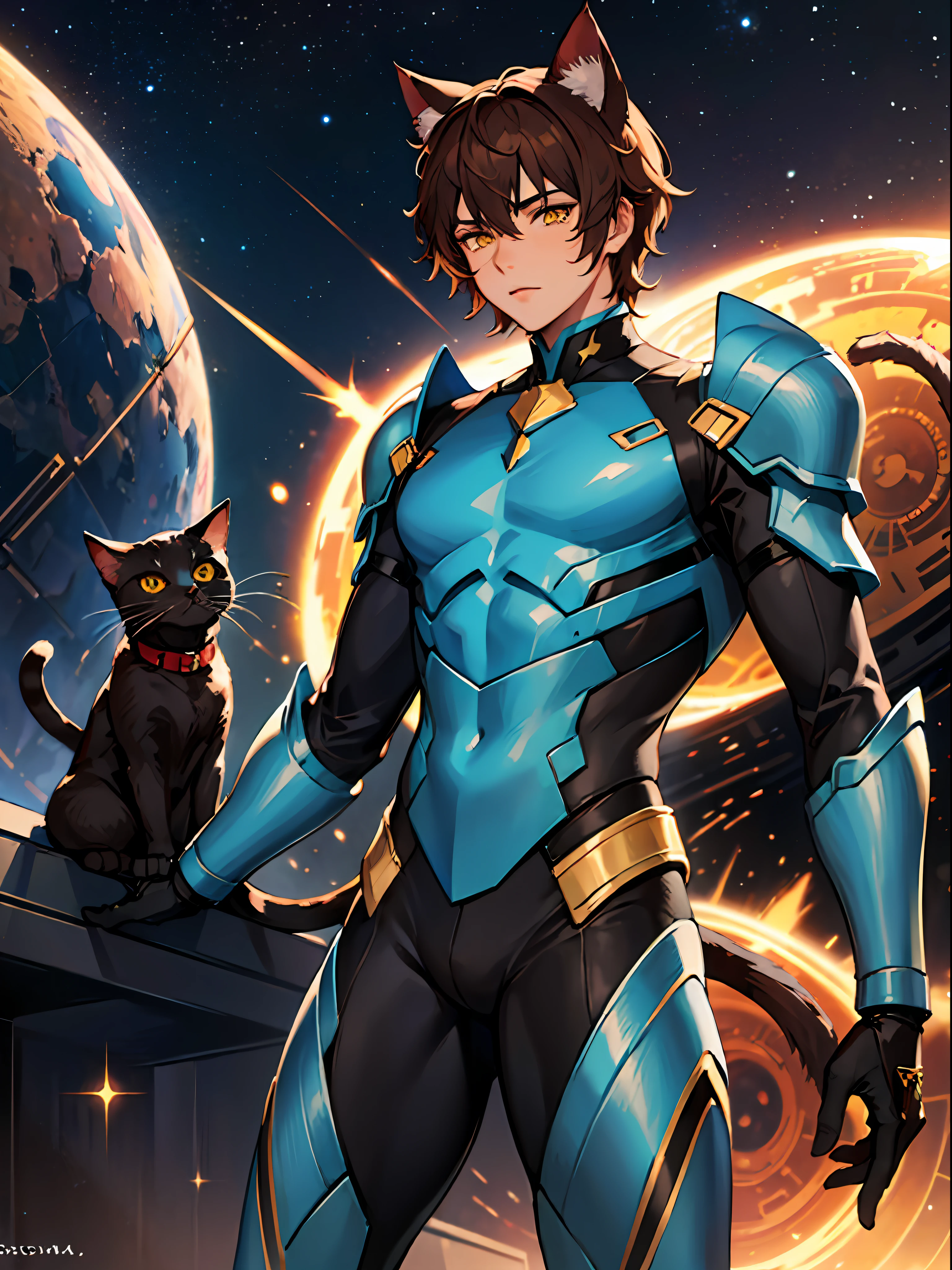 ((young male)), brown hair, yellow eyes, cat ears, cat tail, blue bodysuit, light armor, [skinny:muscular:0.7], science fiction, sci-fi, cosmic background