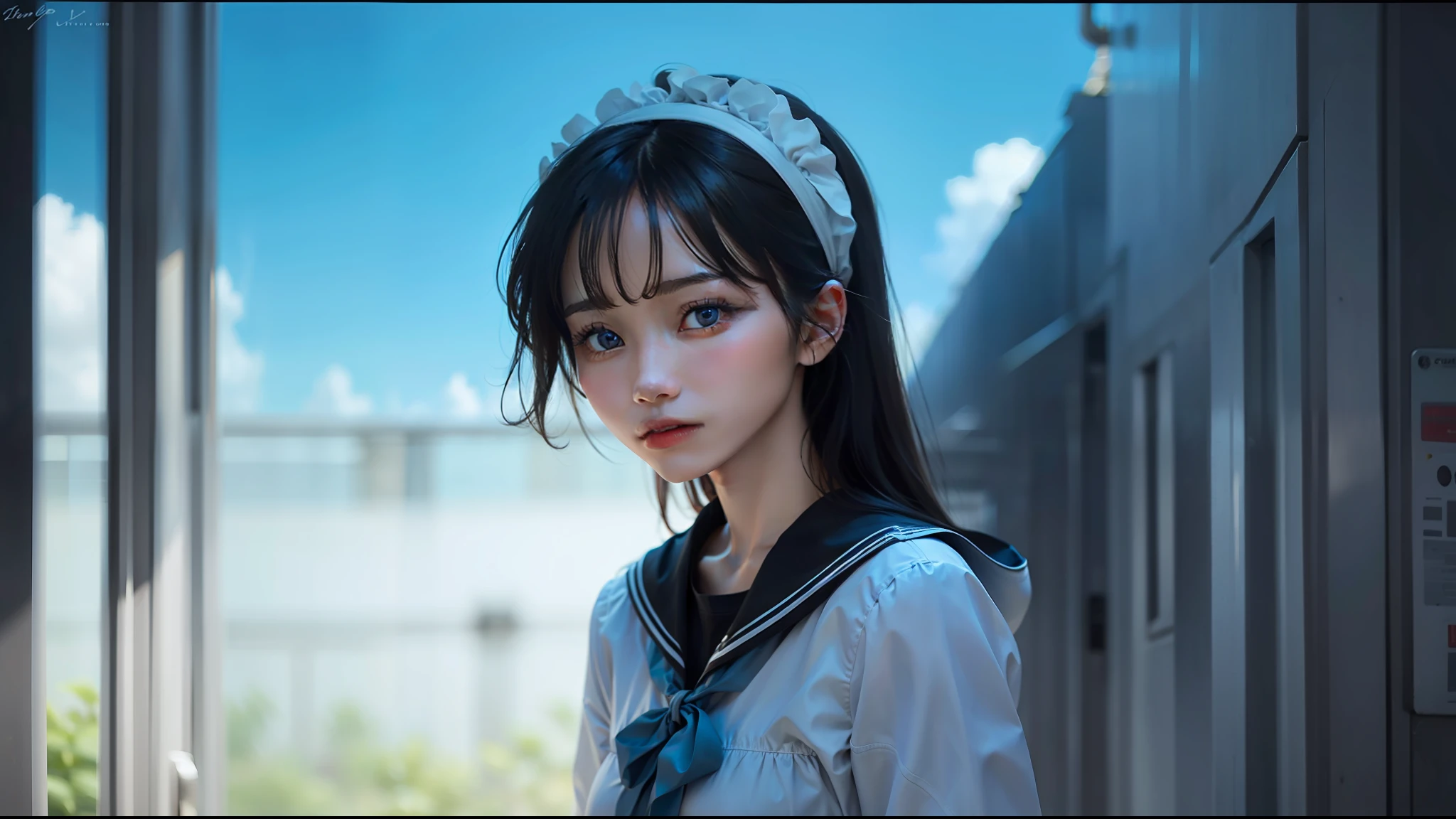 1 girl, black hair, blue eyes, realistic
