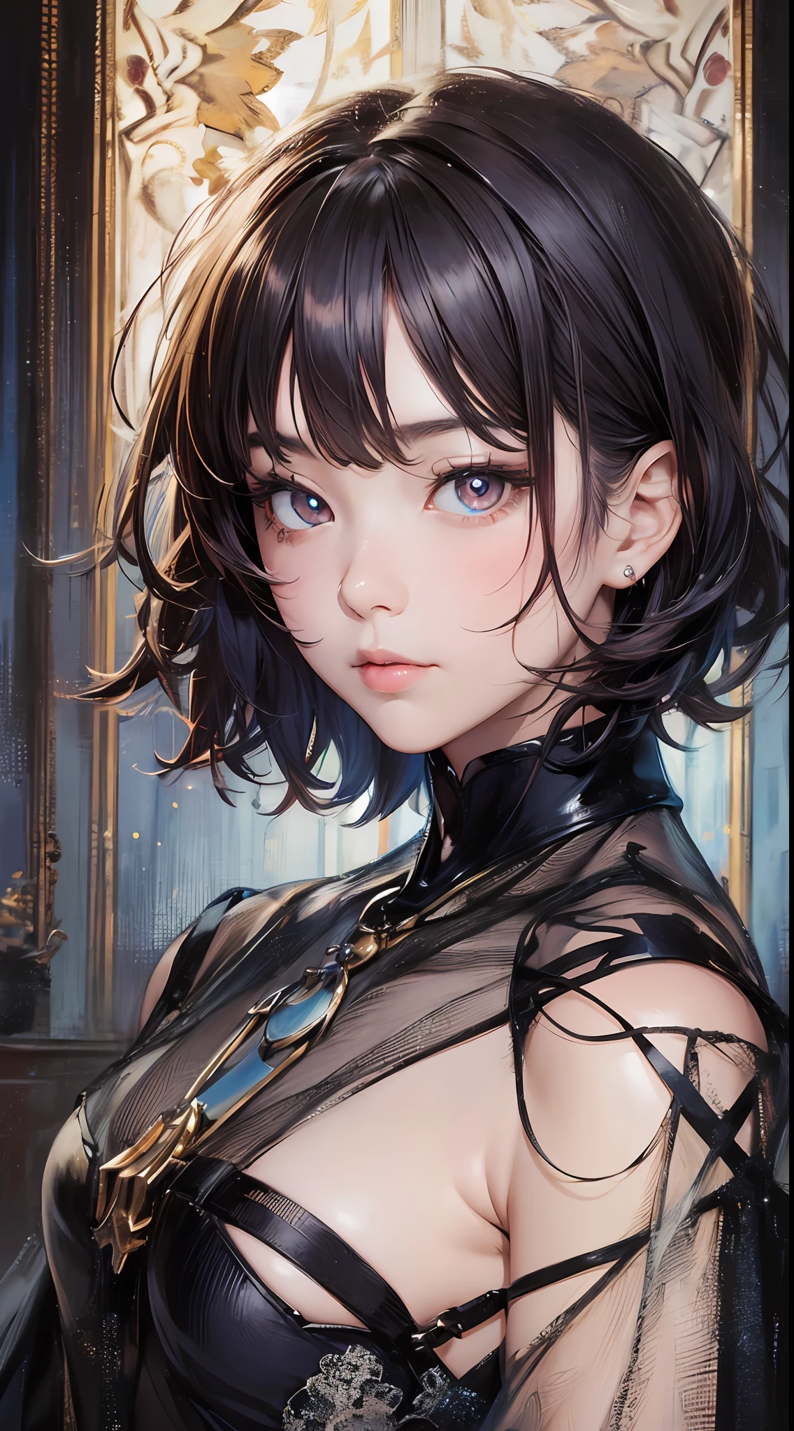 1girl in, (((shorth hair))), jugendstil,(masterpiece, top-quality, Near and far law, depth of fields:1.5), beautiful countenance, 8k, Raw foto, HDR, Photorealsitic, film grains, chromatic abberation, hight resolution, ultra-detailliert, finely detail, 动态照明, Dramatic lighting、shadowy、extremely detailed eye and face、Round pupils、Realistic pupils、full bodyesbian、clean back ground