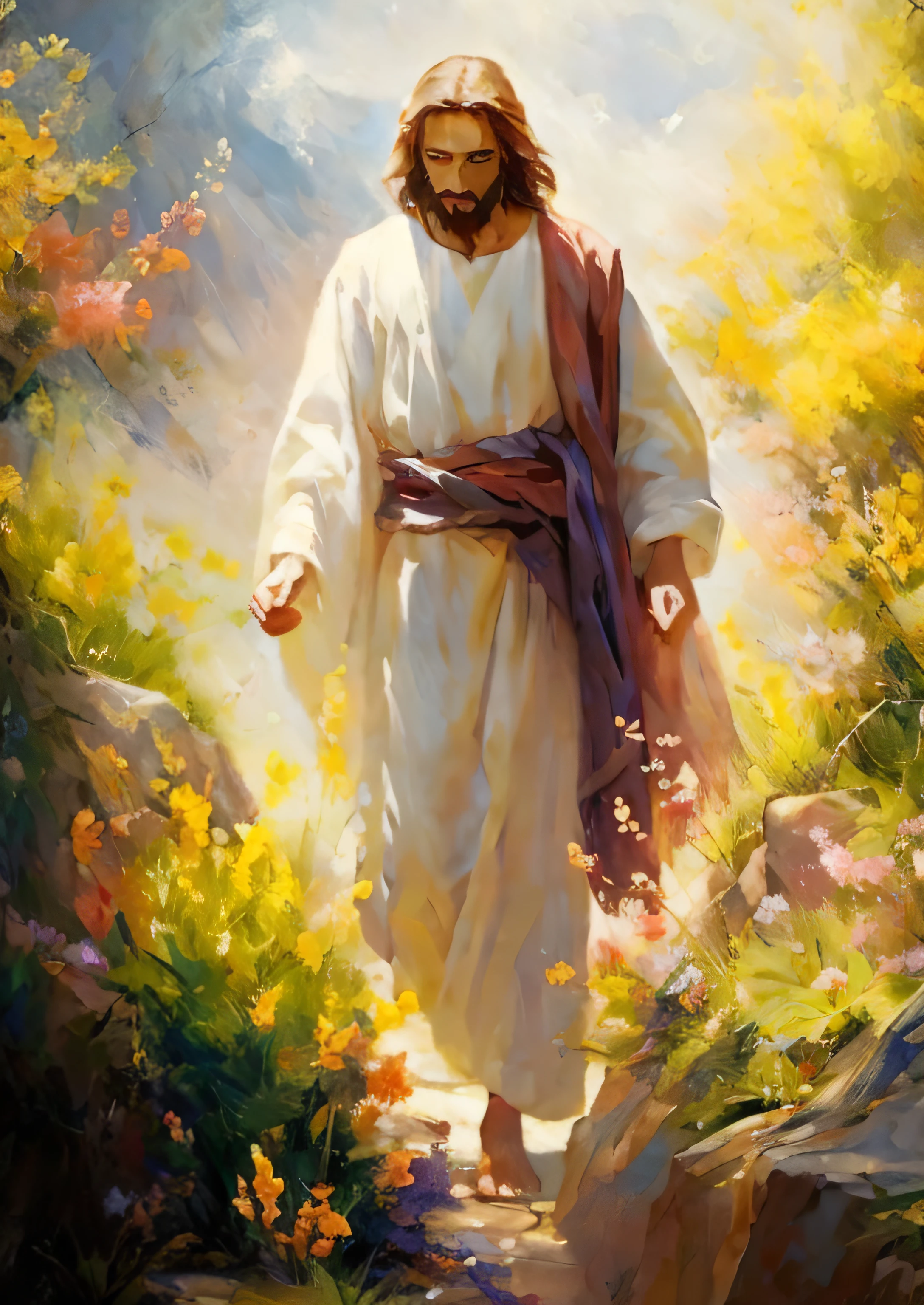 A man with short hair and a beard，Wearing a white robe and a red shawl，Jesus