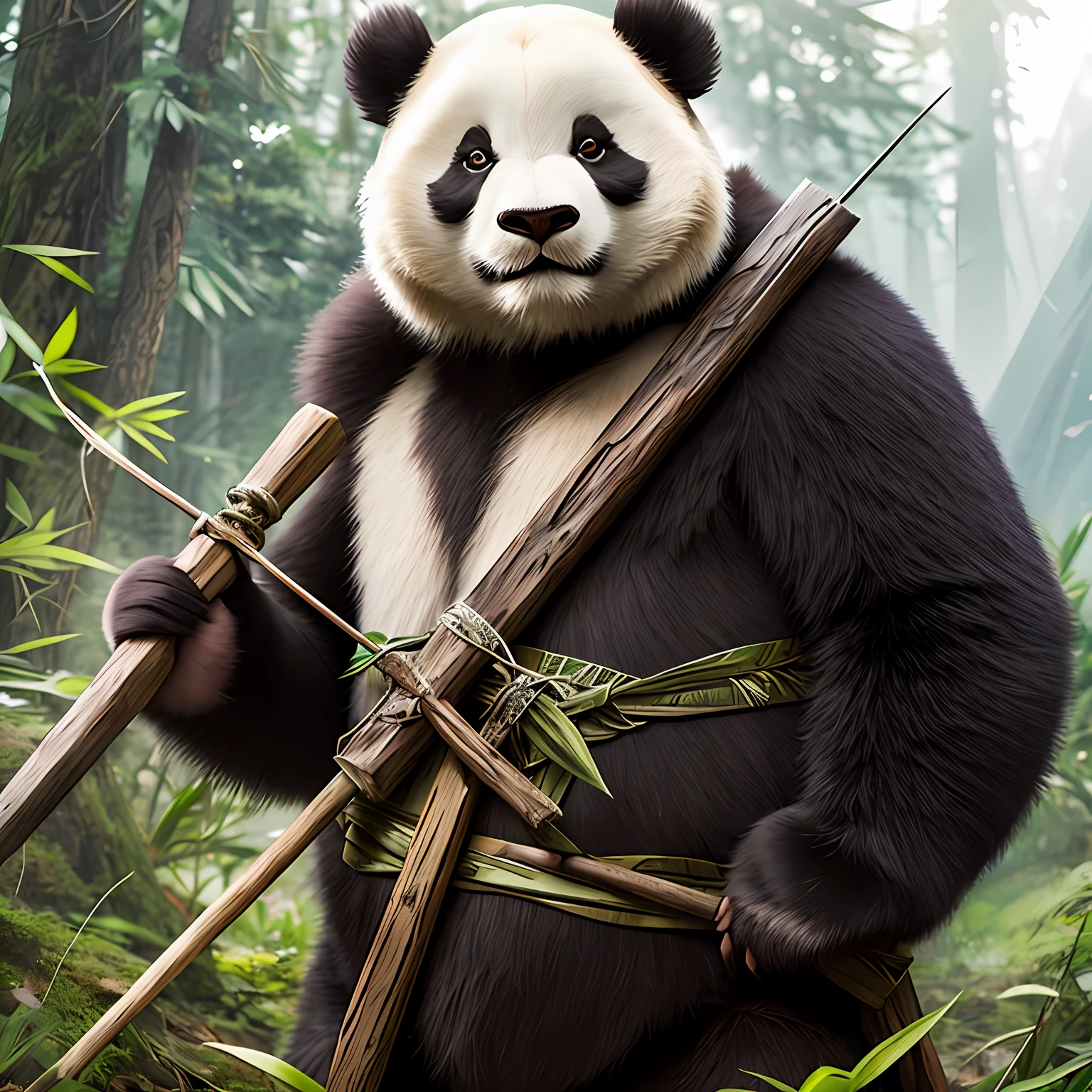 Carrying an emerald green longbow