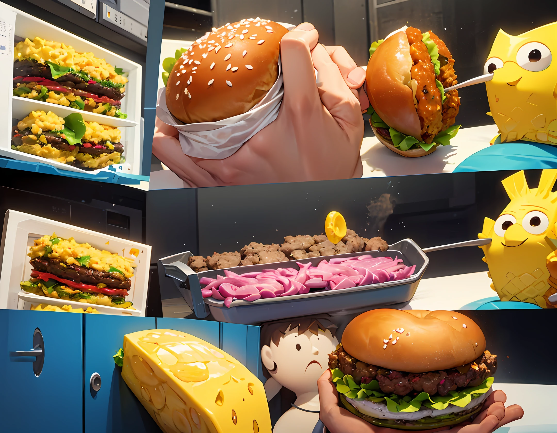 SpongeBob SquarePants making hamburgers。