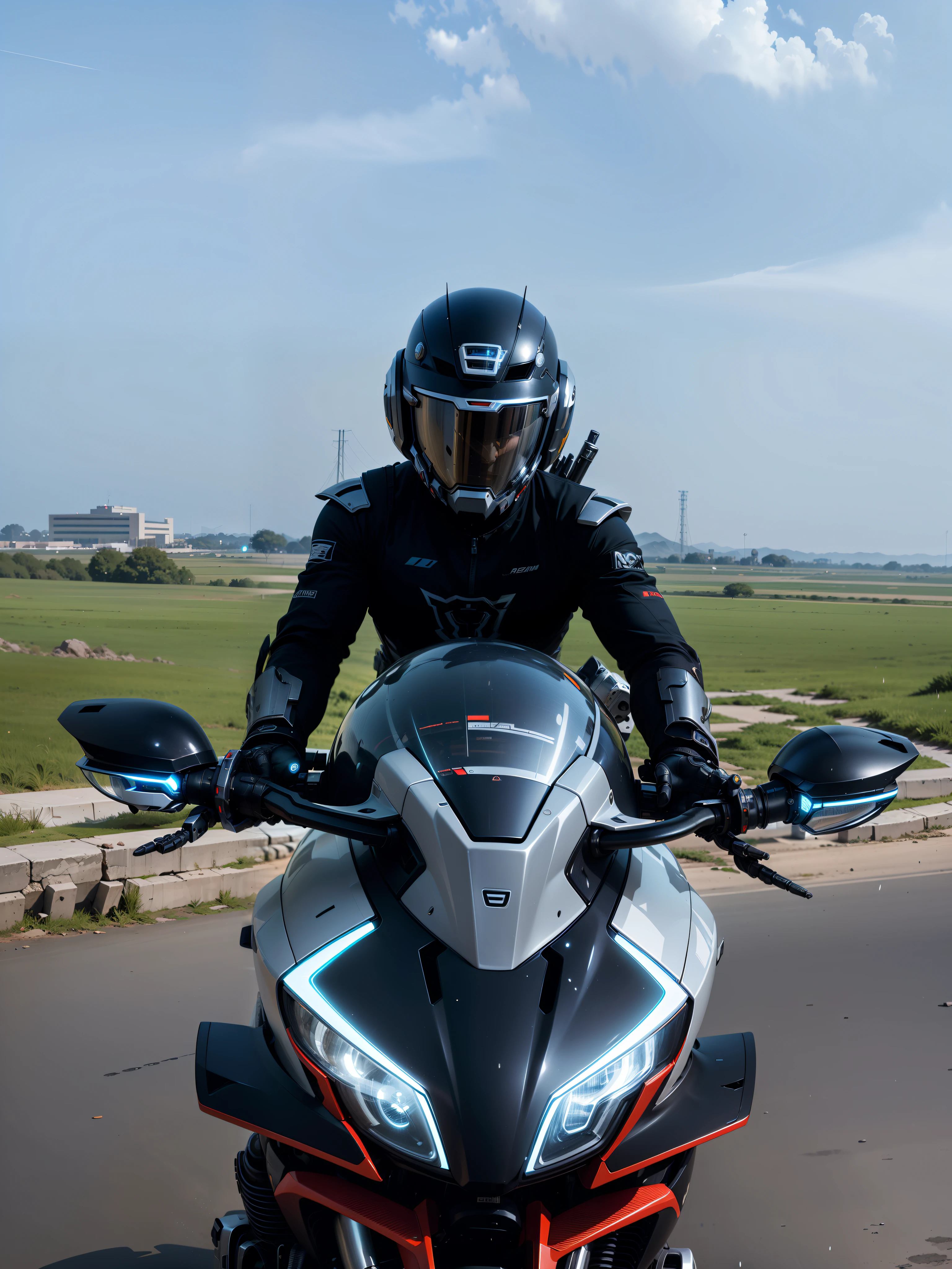 Strong and handsome full body mecha cyber handsome warrior, white cyber mechanical motorcycle, high-tech black high-tech helmet, Nousr, biomechanics, MSHN robot man, high-tech helmet, surreal, steel, intricate design, crazy details, fine details, extremely clear lines, cinematic lighting, photo realistic, detailed masterpiece