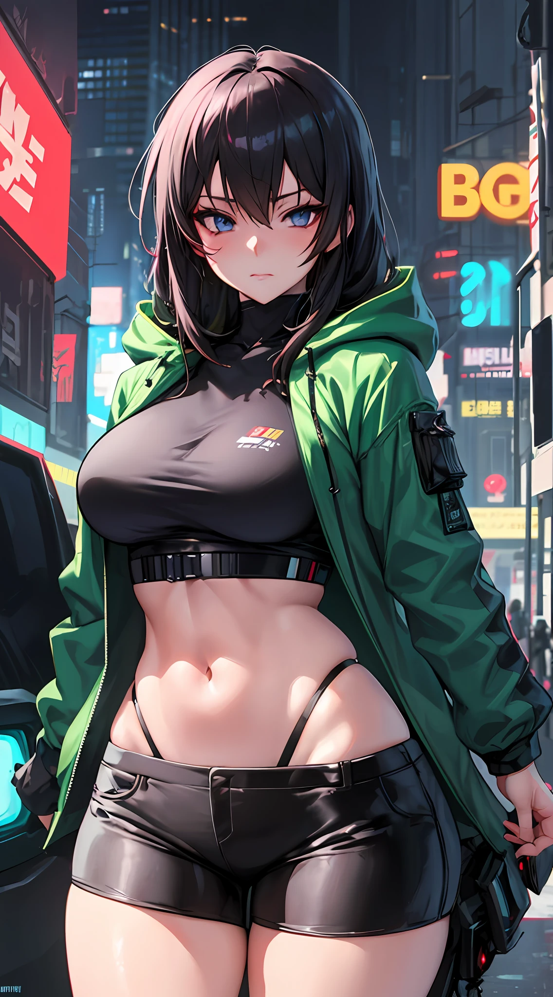 Anime girl posing in green jacket and black shorts, Medium cute European cyberpunk, seductive anime girls, cyberpunk anime girl in hoodie, Biomechanical OPPAI, cyberpunk anime girl, Badass anime 8 K, female cyberpunk anime girl, forest city streets behind her, trending on artstation pixiv, Extremely detailed Artgerm, ecchi anime style, from girls frontline