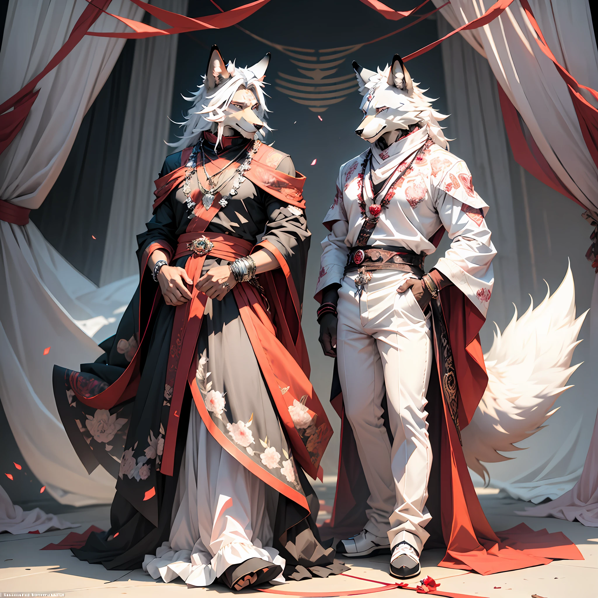 Single full-length portrait,Anime comic style,Furry art!!!, furry character portrait, coyote, Furry anime, anthro wolf face,The anthropomorphic male wolf stands on two legs,White hair,Anthropomorphic male wolf,Headband decorated with red gemstones,Black and white dyed hair,White hair covering the whole body