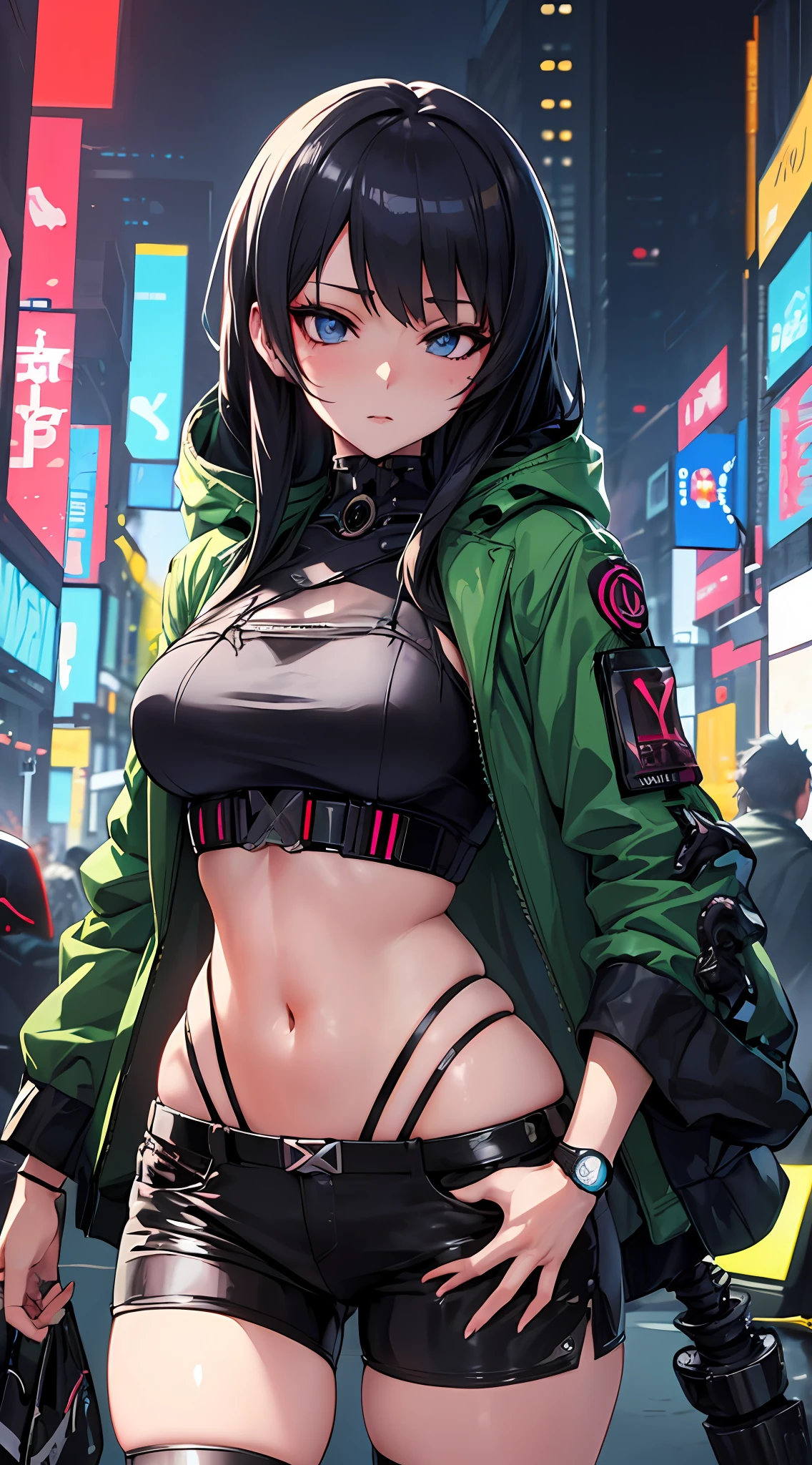 Anime girl posing in green jacket and black shorts, Medium cute European cyberpunk, seductive anime girls, cyberpunk anime girl in hoodie, Biomechanical OPPAI, cyberpunk anime girl, Badass anime 8 K, female cyberpunk anime girl, forest city streets behind her, trending on artstation pixiv, Extremely detailed Artgerm, ????? anime style, from girls frontline
