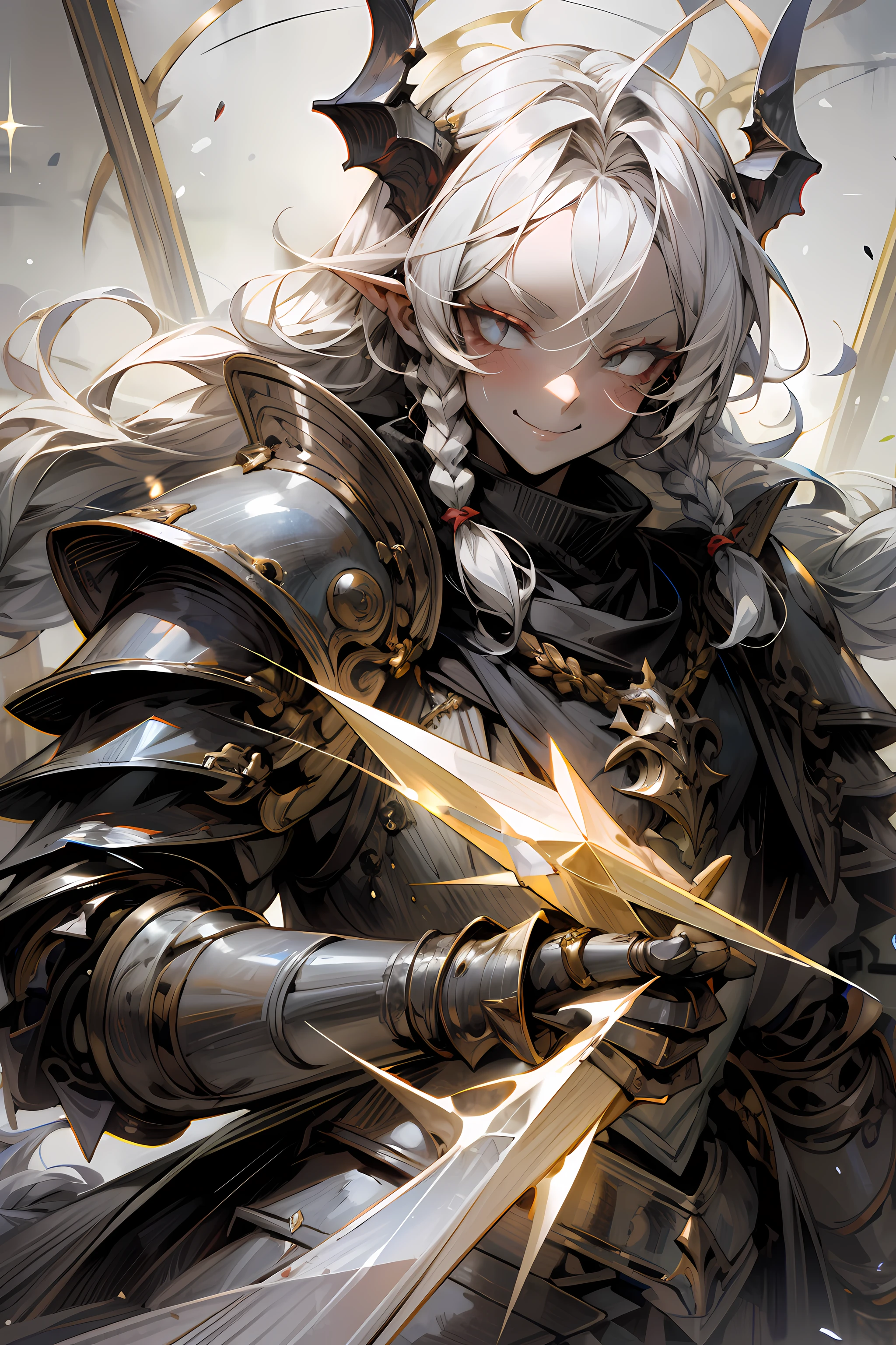 male, gauntlet with blades, heavy armor, devil pupils, evil smile, evil, low twin braids, crystal hair, demon horns, anime style, Gothic art