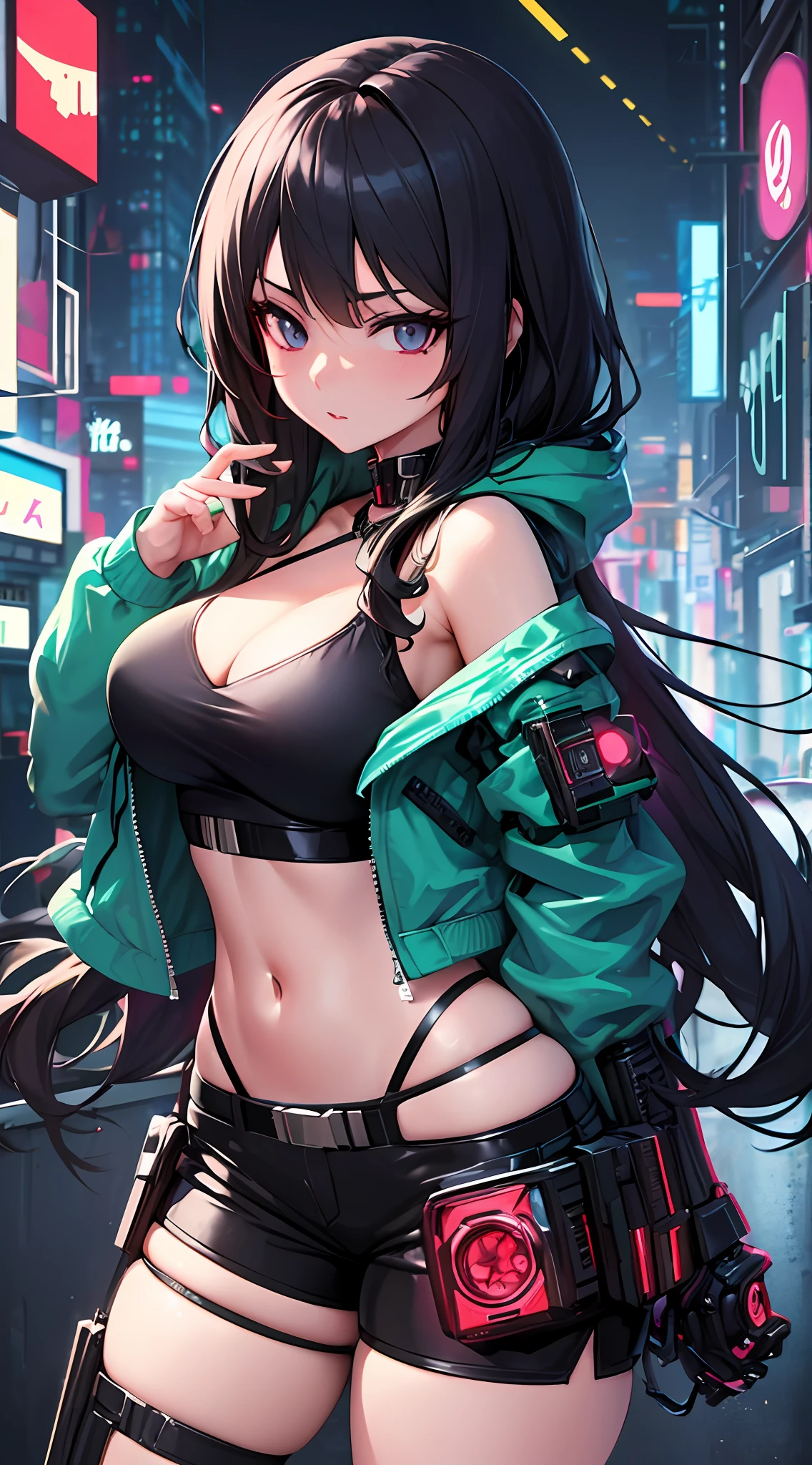 Anime girl posing in green jacket and black shorts, Medium cute European cyberpunk, seductive anime girls, cyberpunk anime girl in hoodie, Biomechanical OPPAI, cyberpunk anime girl, Badass anime 8 K, female cyberpunk anime girl, forest city streets behind her, trending on artstation pixiv, Extremely detailed Artgerm, ecchi anime style, from girls frontline