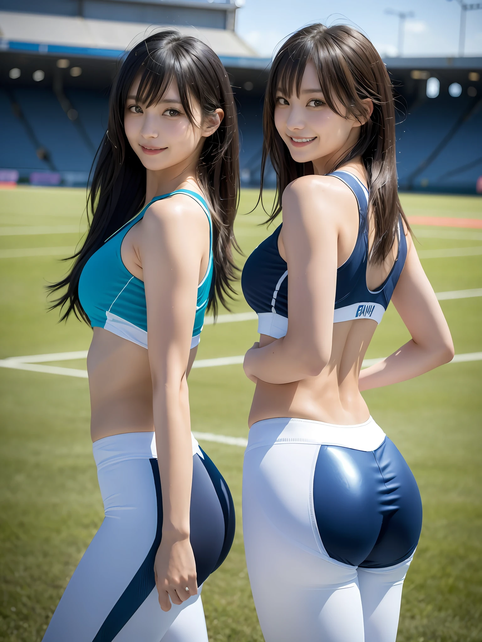 masutepiece, Best Quality, japanaese girl, 8K, Raw photo, top-notch quality, masutepiece, nffsw:1.2, exceptionally detailed RAW color photo, professional-grade photograph, (Realistic, Photorealistic:1.37), (highly detailedskin:1.2), Ultra-high resolution, (lenz 50mm), (masutepiece, top-quality:1.3), (2girls:1.4),(Smile:1.2),8K,RAW portraits of Japan girls,Photorealistic,超A high resolution,Best Quality,
BREAK
(from behind),(Short leggings:1.1),athlete,Track and field uniform,(Sweat,Shiny skin:1.1)(Small breasts),(Well developed butt muscles:1.2),Athletics Stadium
break
(Natural Skin Texture,Detailed skin, Hyper-Realism,ultra sharpness),Intricate details,depth of fields,Natural lighting、Korean Idol、Nogizaka Idol、hposing Gravure Idol、Adults、女優、cute little、