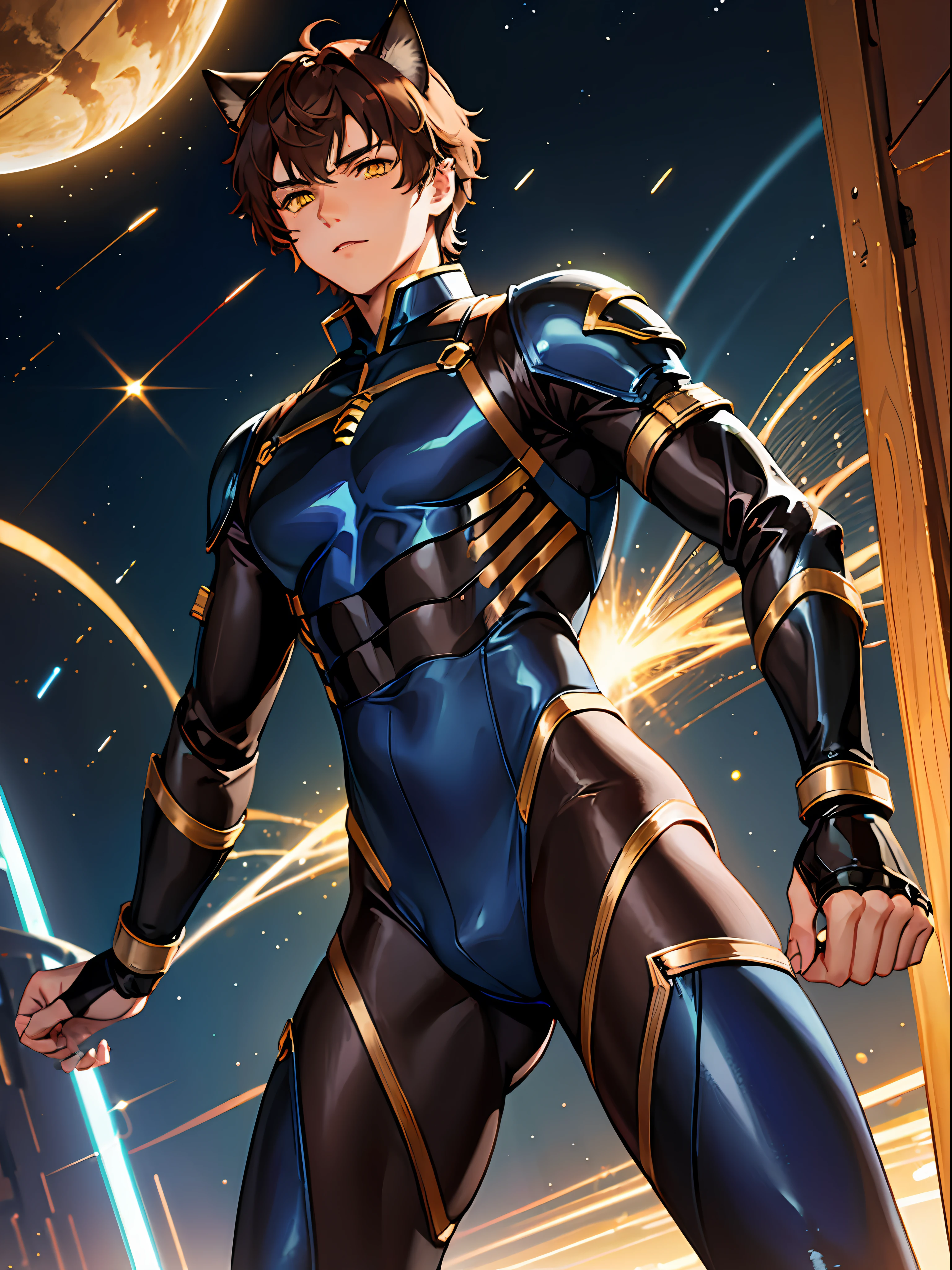 ((young male)), brown hair, yellow eyes, cat ears, cat tail, ((blue bodysuit)), light armor, [skinny:muscular:0.7], science fiction, sci-fi, cosmic background