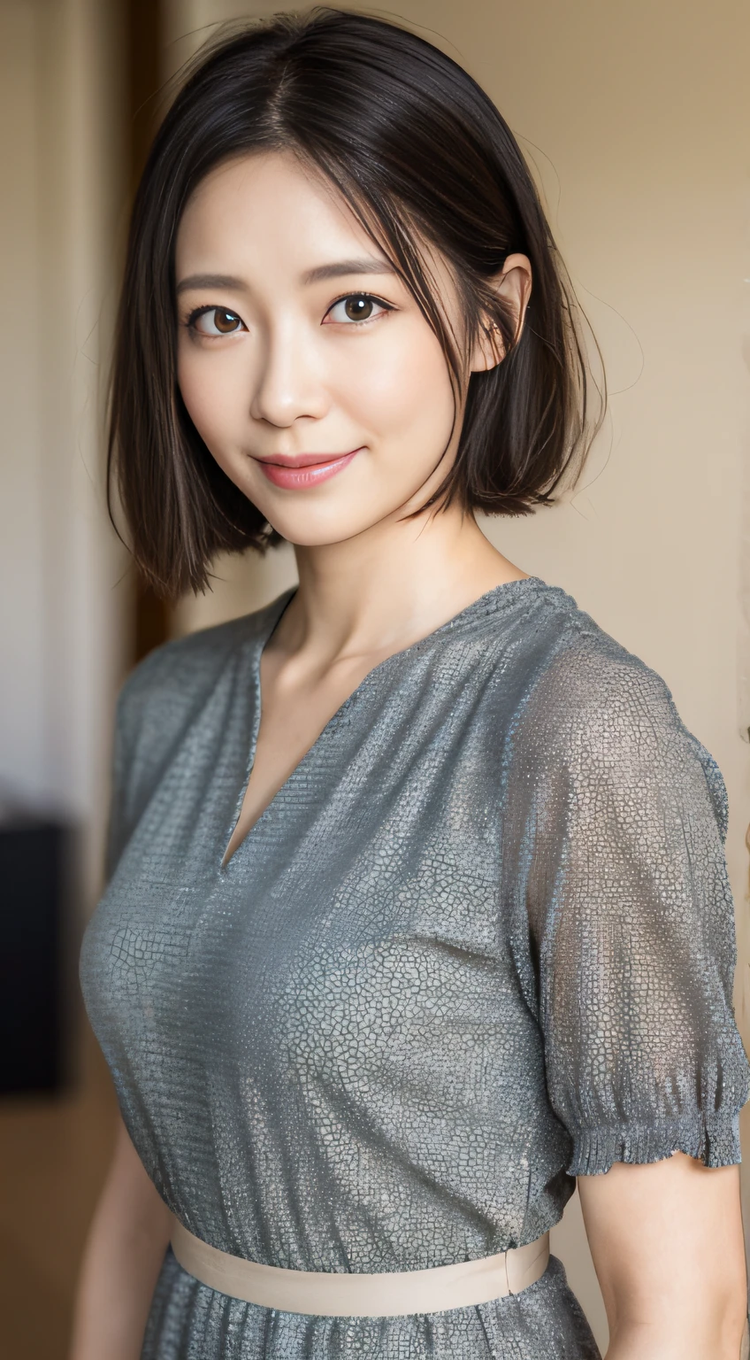 portrait, 8K, high quality, realistic photo image, 39 years old, Japan woman, neat and clean wife, small, housewife, reproduce natural and realistic eyes, Japan person stand, small, beautiful black hair, short hair, light makeup, octane rendering, beautiful lighting, golden ratio composition, smile, everyday wear, casual clothes, natural background, blurred background, 4k, high quality, realistic photo image, Japan woman, 37 years old, pure Japan face, lovely wife, upper body, small breasts, light makeup, suppin, neat beauty, mature woman, sober clothes, gray, beige, blue, sober, casual attire, smile, black hair, small black eyes, background blur