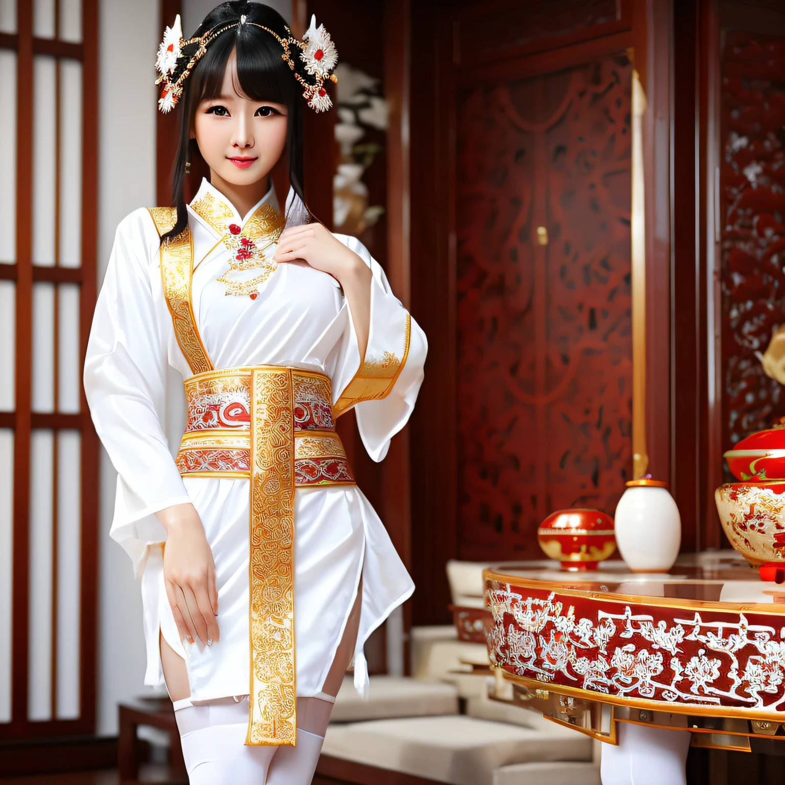 unparalleled masterpiece, ultra realistic 8k CG, perfect artwork, ((perfect female figure)), mature female, milf, narrow waist, chinese deity looking at viewer, seductive posture, sexy pose, alluring, clean, beautiful face, pure face, pale skin (big breasts), divine goddess, shiny skin, skindentation, delicate pattern, intricate detail, (rich:1.4), prestige, gorgeous (((miko outfit, miko dress, head ornament, white thighhighs))) --auto