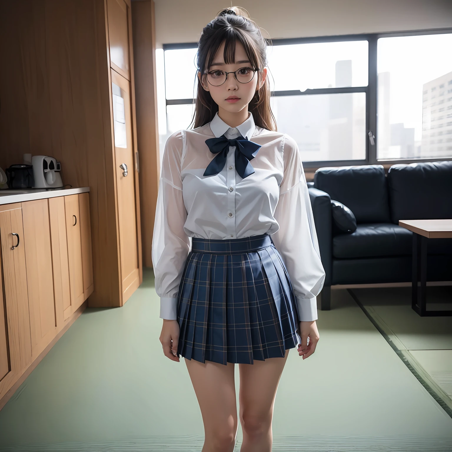 (8K、Raw photography、top-quality、masterpiece:1.2),full body Esbian,masterpiece,top-quality、超A high resolution,Raw photo,ren,Beautiful fece,One Person, 独奏,eye glass,,Dark look,Small breasts,fullllbody,Round glasses、cute little、A Japanese Lady,is standing,(Tight eyes,Bullish,skinny,Rasping,irate,small tits,flat breast)、(Photorealsitic:1.37)、Photon mapping,Light blue ribbon,Realistic、Cute little face,Brown-eyed、Black socks、Red bow tie、Radio City、Physically Based Rendering、Foreground、depth of fields、Blurry background、a picture,The girls、Body, Long legs, Thin leg, Single knot ponytail,Let your hair flow forward、(Bangs are visible), hair, s lips, Blue_The eye, nosesoft, Light blue shirt, Navy blue and blue and white plaid pleated skirt, Sheer clothing,, Thigh, Black cotton socks,Nogizaka Idol, 女優, Japanese ido