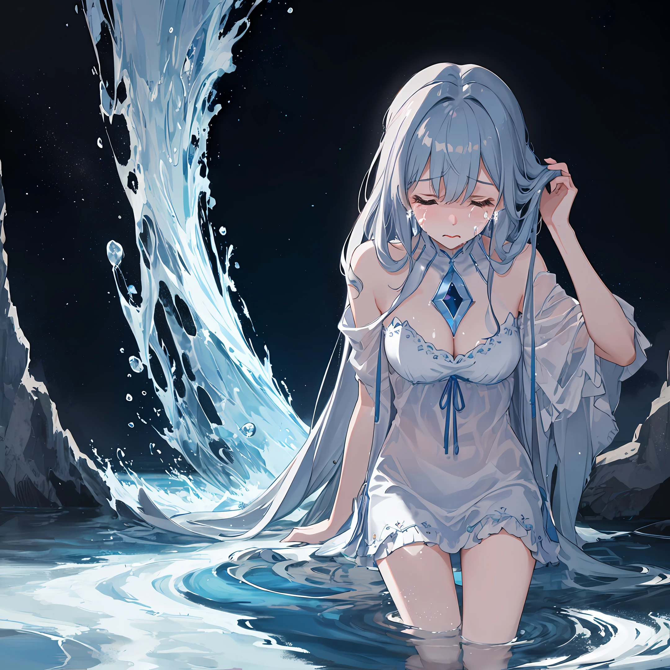 Tearful maiden，mirror surface，Water waves，Galaxy River，Consumed by darkness，crashing，extreme light