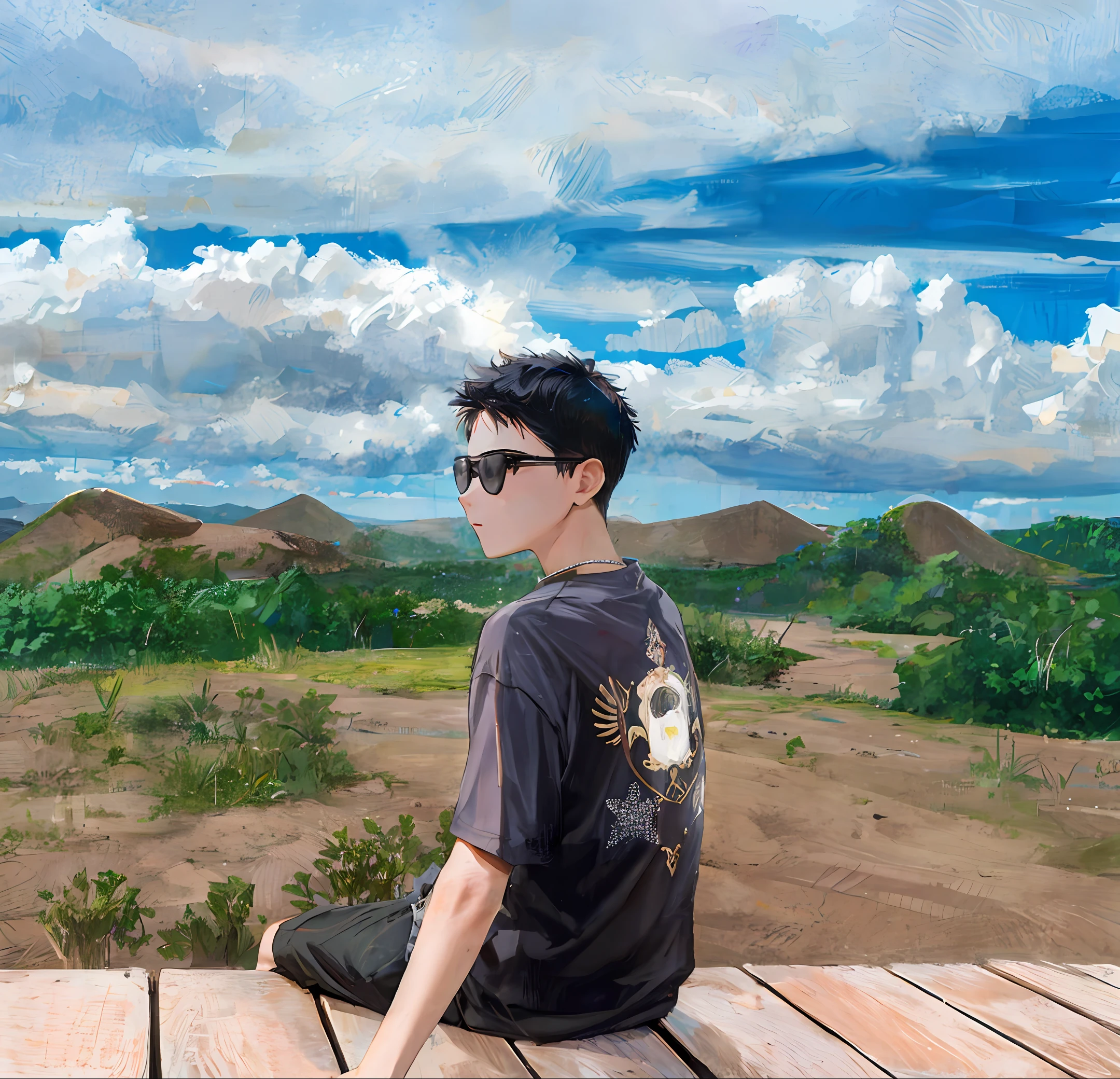 ager back,Look up at the sky,ancient wind,Coffin beside him,There are mountains and trees
