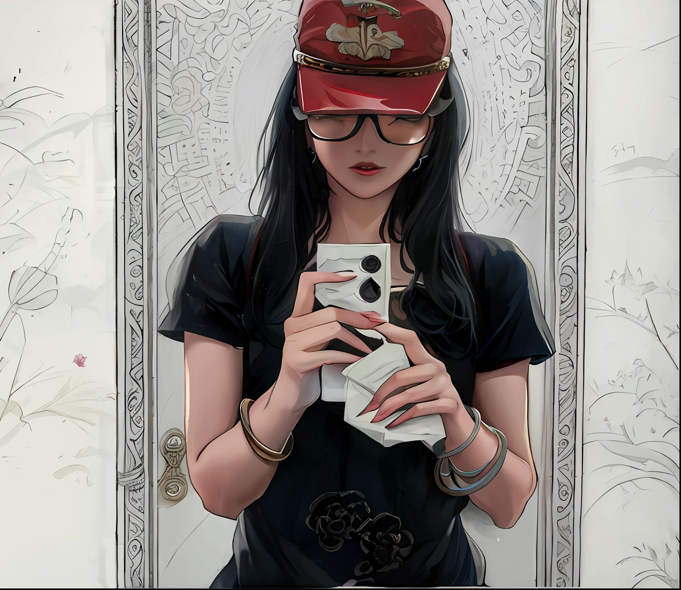 （（A high resolution））、（with her mouth open）、（chest circumference）、（（top-quality））、（（super-fine））（（Ultra-fine CG））、（（8K_the wallpaper））、dynamic angle、floatking、（Eyes with beautiful details）、Very delicate and beautiful girl、The upper part of the body、ink and watercolor painting、（China-style）、黑The eye、Burning、Detail light。From_Low，（Black hair），red baseball cap，full bloom，Single，starrysky，hair adornments，耳Nipple Ring，jewelry，Messy hair，Bare shoulders，full bloom，（gentleman），（Hanfu：1.3），（mediuml breasts）：1.2），（eye shadows，Red eyeliner：1.15），（eye shadows，Red eyeliner：1.15），（eye shadows，Red eyeliner：1.15），（Eyes are visible through hair：1.2），（Solo exhibition）），black-frame glasses，Xia Fang has a mole in the left eye，The hat basically covers the eyes
