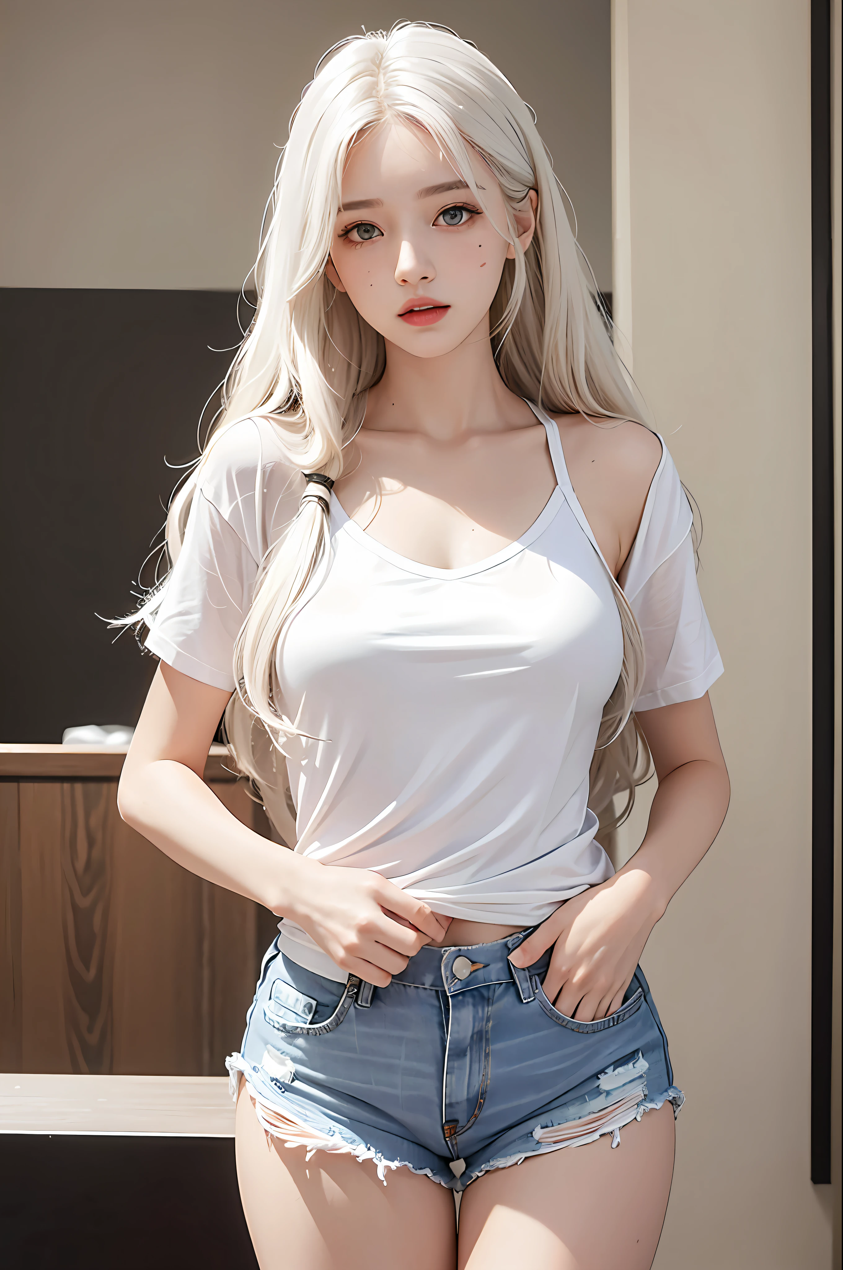 photorealistic, high resolution, 1 girl, white wavy hair, korean, heterochromia eyes, small mole below eye, loose white shirt, tight jean shorts, large breast, large thighs, panty visible