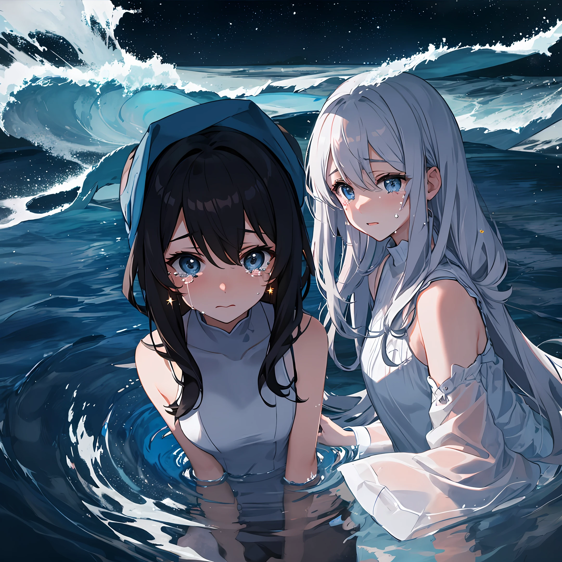 Tearful maiden,mirror surface,Water waves,Galaxy River,Consumed by darkness,crashing,extreme light