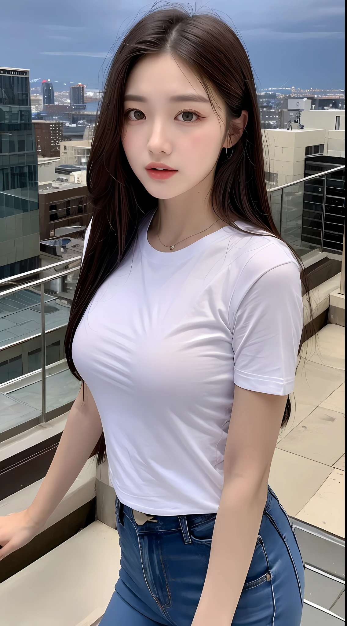 ((Midnight, Best quality, 8k, Masterpiece :1.3)), Whole body, Long legs, Sharp focus :1.2, A pretty woman with perfect figure :1.4, Slender abs :1.1, ((Dark brown hair, Big breasts :1.2)), (White tight tshirt, Jean bib, Standing:1.2), ((Night city view, Rooftop:1.3)), Highly detailed face and skin texture, Detailed eyes, Double eyelid