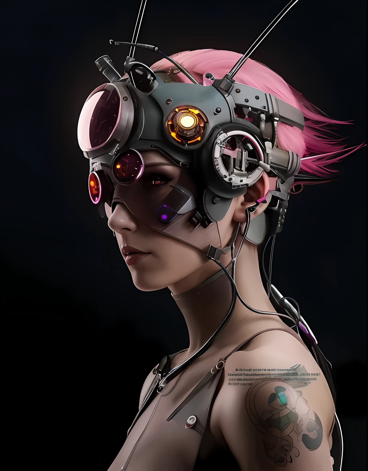 Woman with pink hair and steam-powered helmet, Hyper-realistic cyberpunk style, muted cyberpunk style, has cyberpunk style, cyberpunk headset, Advanced digital cyberpunk art, Cyberpunk cyborg, Cyberpunk headdress, Cyberpunk Style, Cyberpunk Style , Hyperrealistic, Cyberpunk technology, fashionable cyberpunk mechanoid, cyberpunk futuristic, modern cyberpunk, cyber punk style
