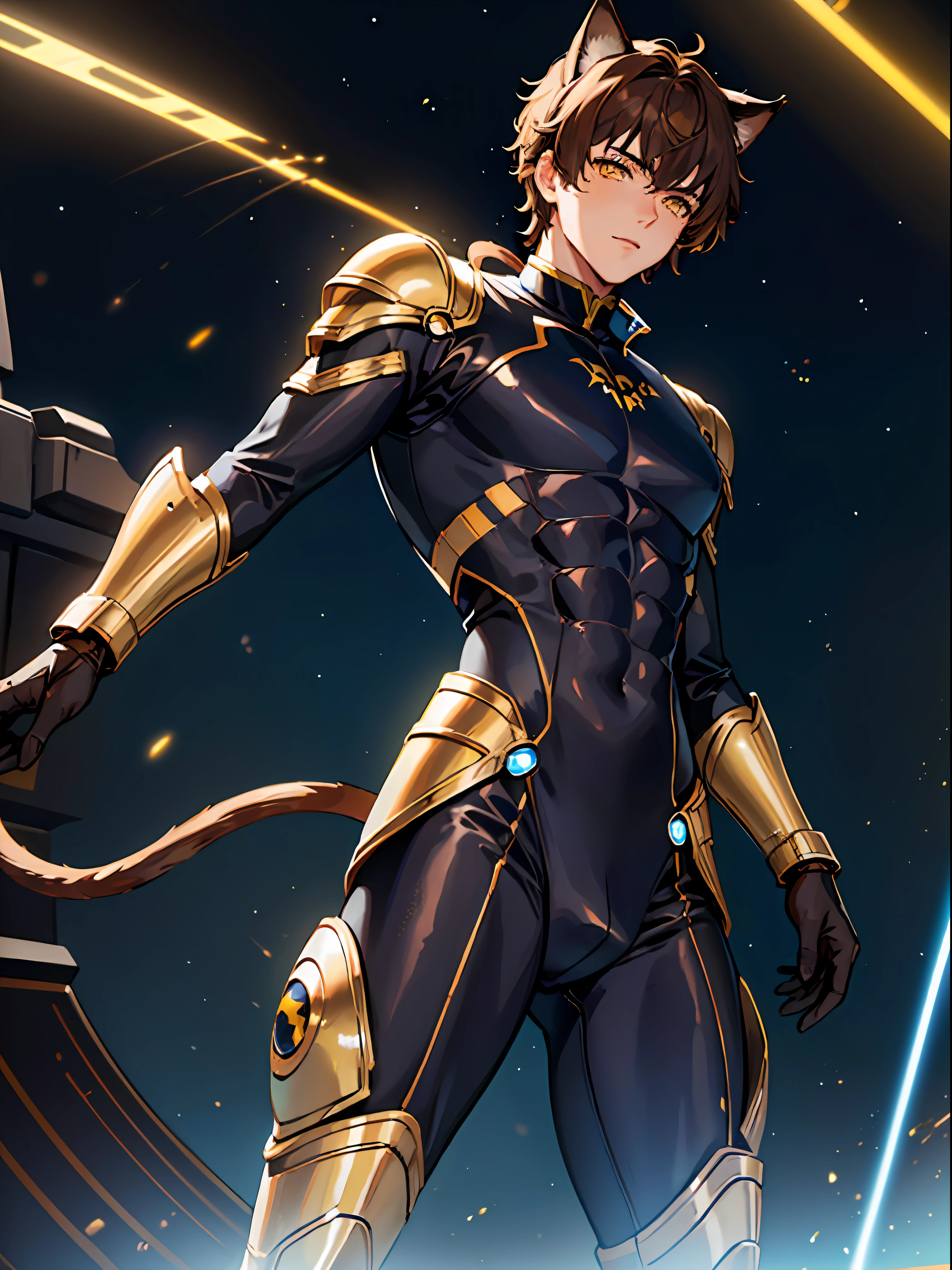 ((young male)), brown hair, yellow eyes, cat ears, cat tail, ((blue bodysuit)), light armor, [skinny:muscular:0.7], science fiction, sci-fi, cosmic background