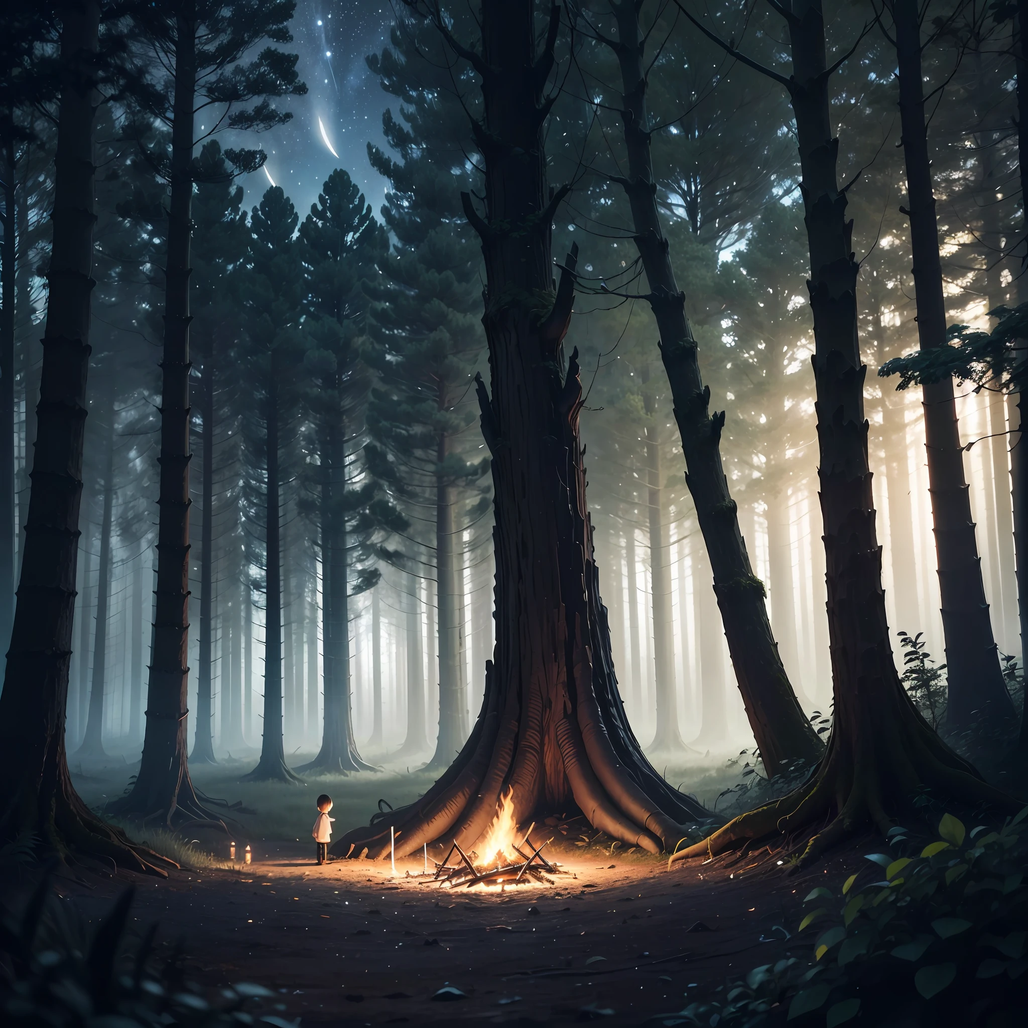 Depict the picture of the night,Detail scenes in the Dark Forest。In the deep forest,The faint bonfire burned with a shimmering light,Like a lonely pearl illuminates the darkness。A curious and brave child stands by a campfire,He shouted,Wave around excitedly。,Expect a vivid response。It is surrounded by thick darkness,Repression and silence,Seems lifeless。The endless dark forest stretches into the distance,Confusing and mysterious,Trees stand like giants,Shrouded the whole picture。The leaves rustle in the night breeze,It was as if the trees were communicating quietly。The ground is covered with thick fallen leaves and finely broken branches,Make a faint stampede sound。Overhead, There is a vast night sky,Bright stars dot it,Like a shimmering gem,Exudes a mysterious glow。At night, The forest is full of mysterious and secluded atmosphere,As if hiding countless secrets and unknowns。Through meticulous depiction,It shows the faint glow of a bonfire in the forest at night --auto