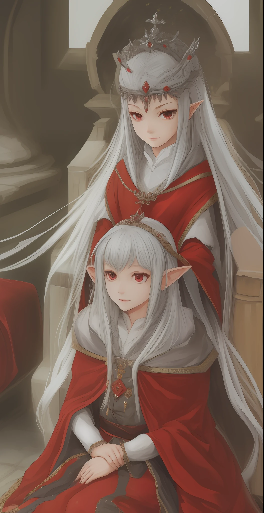 Anime style gray hair, red - eyed，The diminutive female elf had deep eyes，Crown on head，The crown is dark red，The expression was indifferent，A mocking smile appeared at the corner of his mouth，in red robes，with fair skin，Wear Martin shoes，Sit on the throne of a medieval-style palace，The surface of the throne is dotted with precious stones，looking down below，looking down below，There is a strong sense of oppression --auto