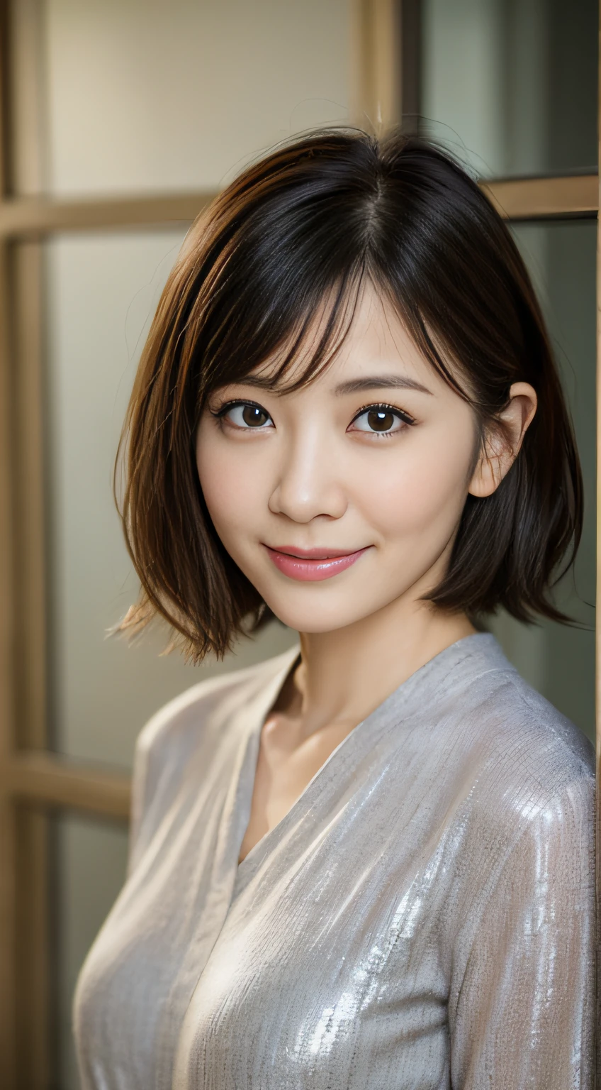 portrait, 8K, high quality, realistic photo image, 39 years old, Japan woman, neat and clean wife, small, housewife, reproduce natural and realistic eyes, Japan person stand, small, beautiful black hair, short hair, light makeup, octane rendering, beautiful lighting, golden ratio composition, smile, everyday wear, casual clothes, natural background, blurred background, 4k, high quality, realistic photo image, Japan woman, 37 years old, pure Japan face, lovely wife, upper body, small breasts, light makeup, suppin, neat beauty, mature woman, sober clothes, gray, beige, blue, sober, casual attire, smile, black hair, small black eyes, background blur