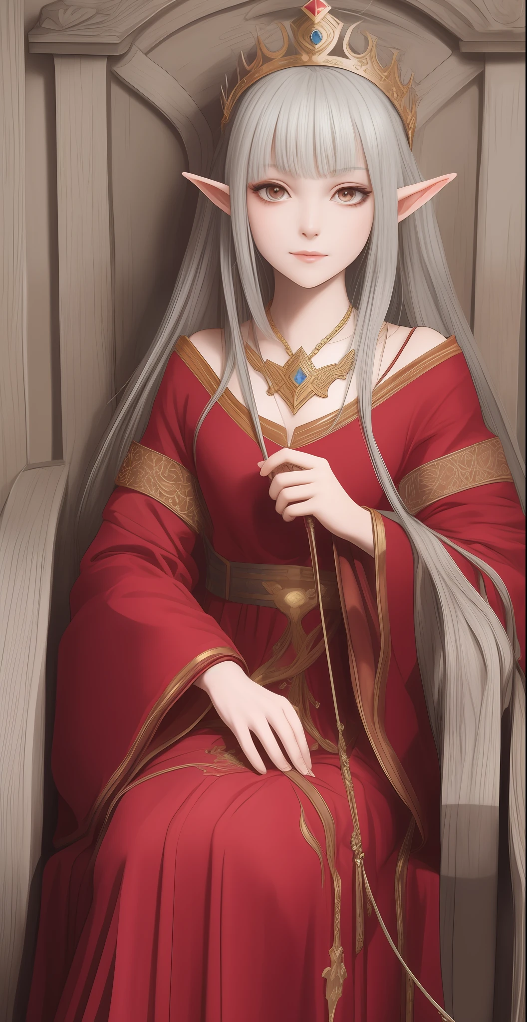 Anime style gray hair, red - eyed，The diminutive female elf had deep eyes，Crown on head，The crown is dark red，The expression was indifferent，A mocking smile appeared at the corner of his mouth，in red robes，with fair skin，Wear Martin shoes，Sit on the throne of a medieval-style palace，The surface of the throne is dotted with precious stones，looking down below，looking down below，There is a strong sense of oppression --auto