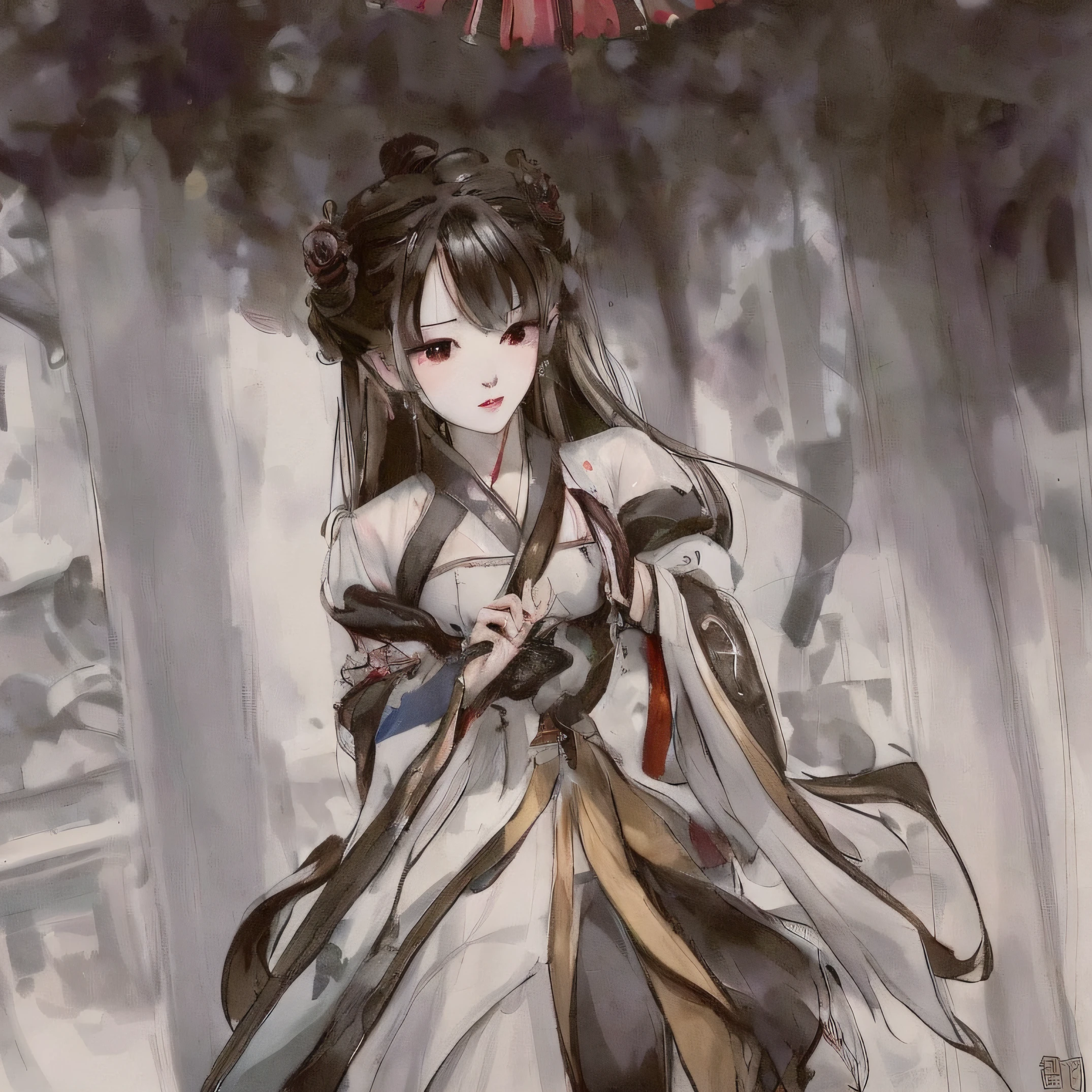 anime girl in a white dress with a sword and a red umbrella, palace , a girl in hanfu, by Zhou Fang, by Yang J, guweiz, full body xianxia, beautiful character painting, by Leng Mei, artwork in the style of guweiz, guweiz on pixiv artstation, by Zeng Jing, anime goddess
