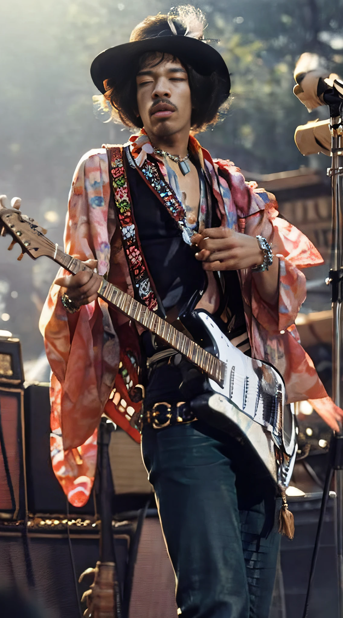top-quality。8K-Picture。超A high resolution。foco nítido。Japan male guitarist。Long and wavy hairstyles。Also wear a feathered hat。Slender body, however、Feel the power。The guitar has a mustang、Decide to arm yourself brilliantly。He is also a singer and vocalist.。Write all the songs yourself。Talented super guitarist。60Expressing the present with the flow of the times。smokey!Jimi Hendrix-influenced guitarist。