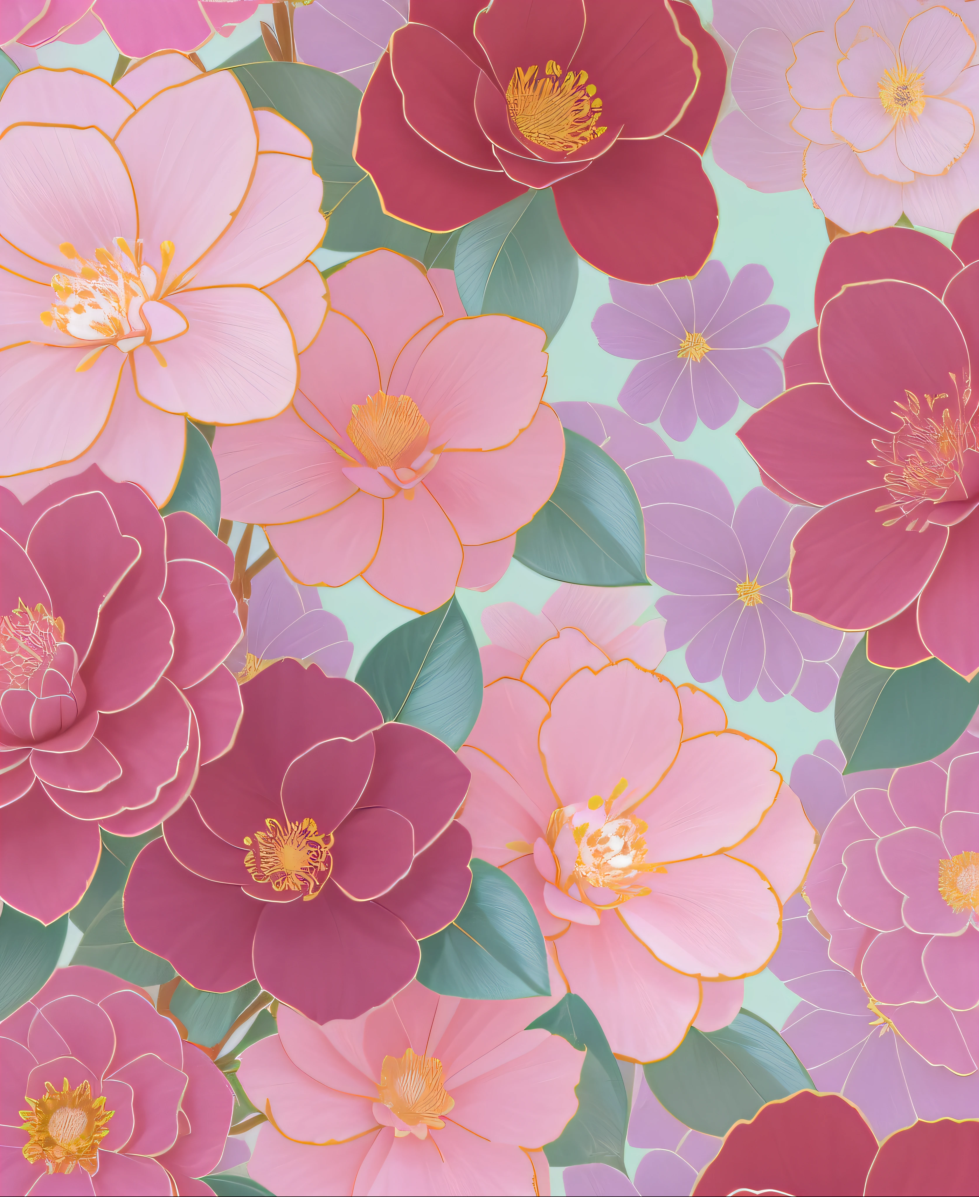 camelliamix，Close-up of flower pattern with pink and purple flowers, large opaque blossoms, floral dream, flowery wallpaper, floral motives, floral bling, , floral explosion, floral renewal, ornate flowers, pastel flowery background, floral flowers colorful, patchy flowers, detailed flowers, sparkling petals, flowers and blossoms