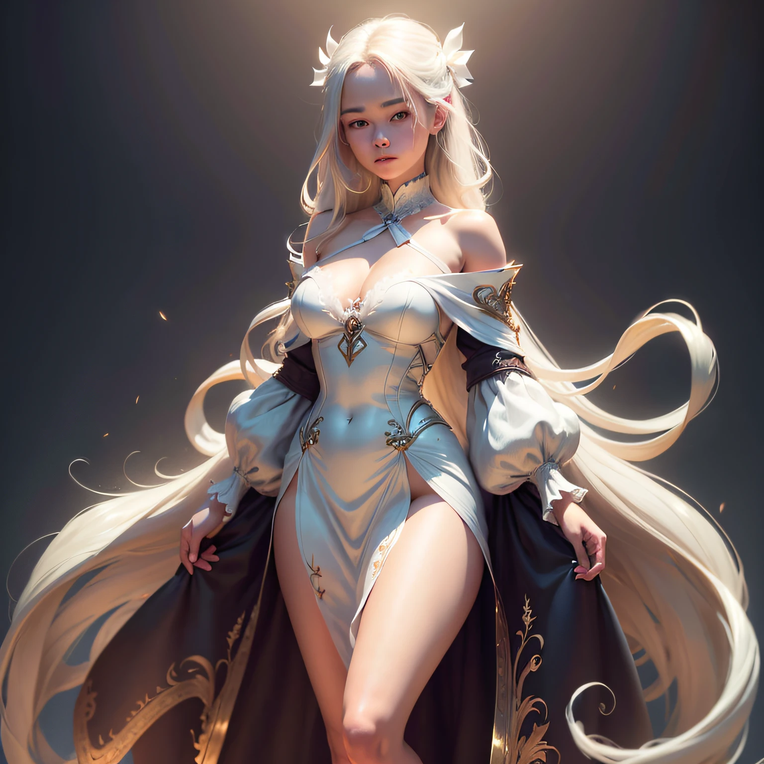 (Long hair: 1.6), floating hair, (white ribbon on hair), best quality, masterpiece, illustration, extremely delicate beauty, extremely detailed, CG, , 8k wallpaper, amazing, fine details, masterpiece, best quality, official art, extremely detailed CG Unity 8k wallpaper, ridiculous, incredibly ridiculous, huge file size, super detailed, high resolution, extremely detailed, beautiful detailed girl, extremely detailed eyes and face, beautiful detail eyes, light on face, whole body, (Full body), Masterpiece, Ultra Realistic, 32k, Extremely detailed CG Unity 8k wallpaper, best quality, (male and female cuddles), man muscular naked, woman sexy, cleavage, off-the-shoulder, sexy, bare legs, standing --auto