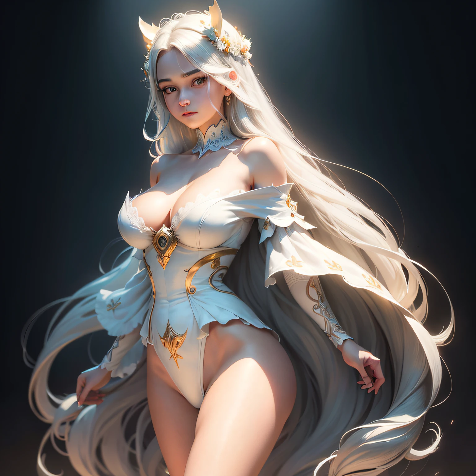 (Long hair: 1.6), floating hair, (white ribbon on hair), best quality, masterpiece, illustration, extremely delicate beauty, extremely detailed, CG, , 8k wallpaper, amazing, fine details, masterpiece, best quality, official art, extremely detailed CG Unity 8k wallpaper, ridiculous, incredibly ridiculous, huge file size, super detailed, high resolution, extremely detailed, beautiful detailed girl, extremely detailed eyes and face, beautiful detail eyes, light on face, whole body, (Full body), Masterpiece, Ultra Realistic, 32k, Extremely detailed CG Unity 8k wallpaper, best quality, (male and female cuddles), man muscular naked, woman sexy, cleavage, off-the-shoulder, sexy, bare legs, standing --auto