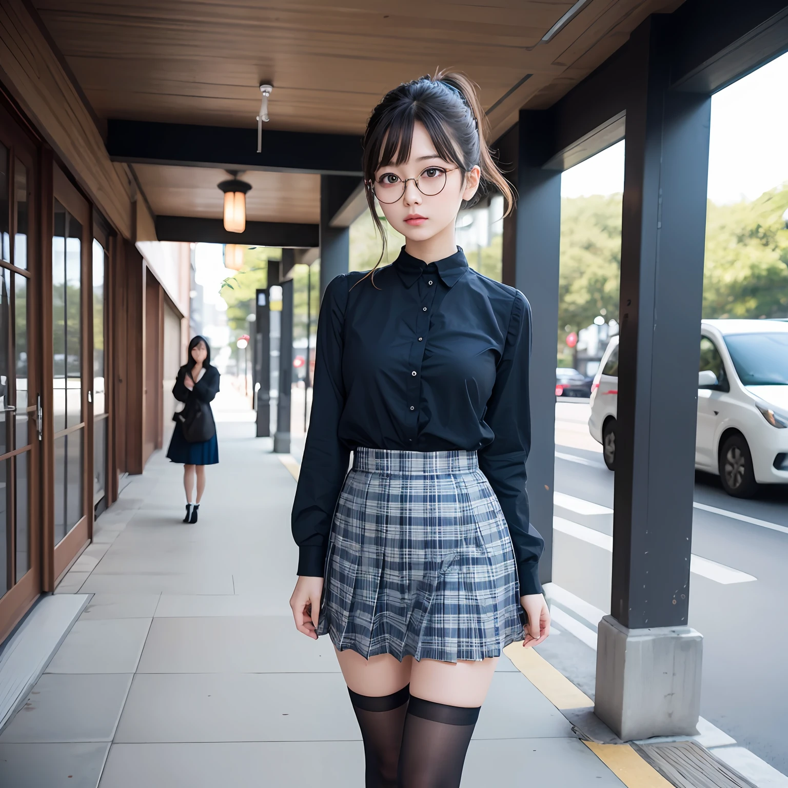 (8K、Raw photography、top-quality、masterpiece:1.2),full body Esbian,masterpiece,top-quality、超A high resolution,Raw photo,ren,Beautiful fece,One Person, 独奏,eye glass,,Dark look,Small breasts,fullllbody,Round glasses、cute little、A Japanese Lady,is standing,(Tight eyes,Bullish,skinny,Rasping,irate,small tits,flat breast)、(Photorealsitic:1.37)、Photon mapping,Light blue ribbon,Realistic、Cute little face,Brown-eyed、Black socks、Red bow tie、Radio City、Physically Based Rendering、Foreground、depth of fields、Blurry background、a picture,The girls、Body, Long legs, Thin leg, Single knot ponytail,Let your hair flow forward、(Bangs are visible), hair, s lips, Blue_The eye, nosesoft, Light blue shirt, Navy blue and blue and white plaid pleated skirt, Sheer clothing,, Thigh, Black cotton socks,Nogizaka Idol, 女優, Japanese ido