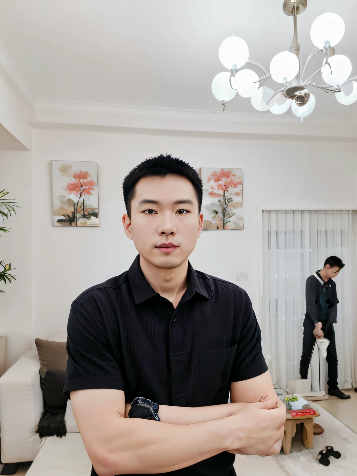 A man stood in the living room，wearing a blacked shirt, zeng fanzh, phong yintion j - jiang geping, chinese artist,  professional profile picture, huifeng huang, xintong chen, jinyiwei, wei wang, Lin Qifeng, Leng Jun