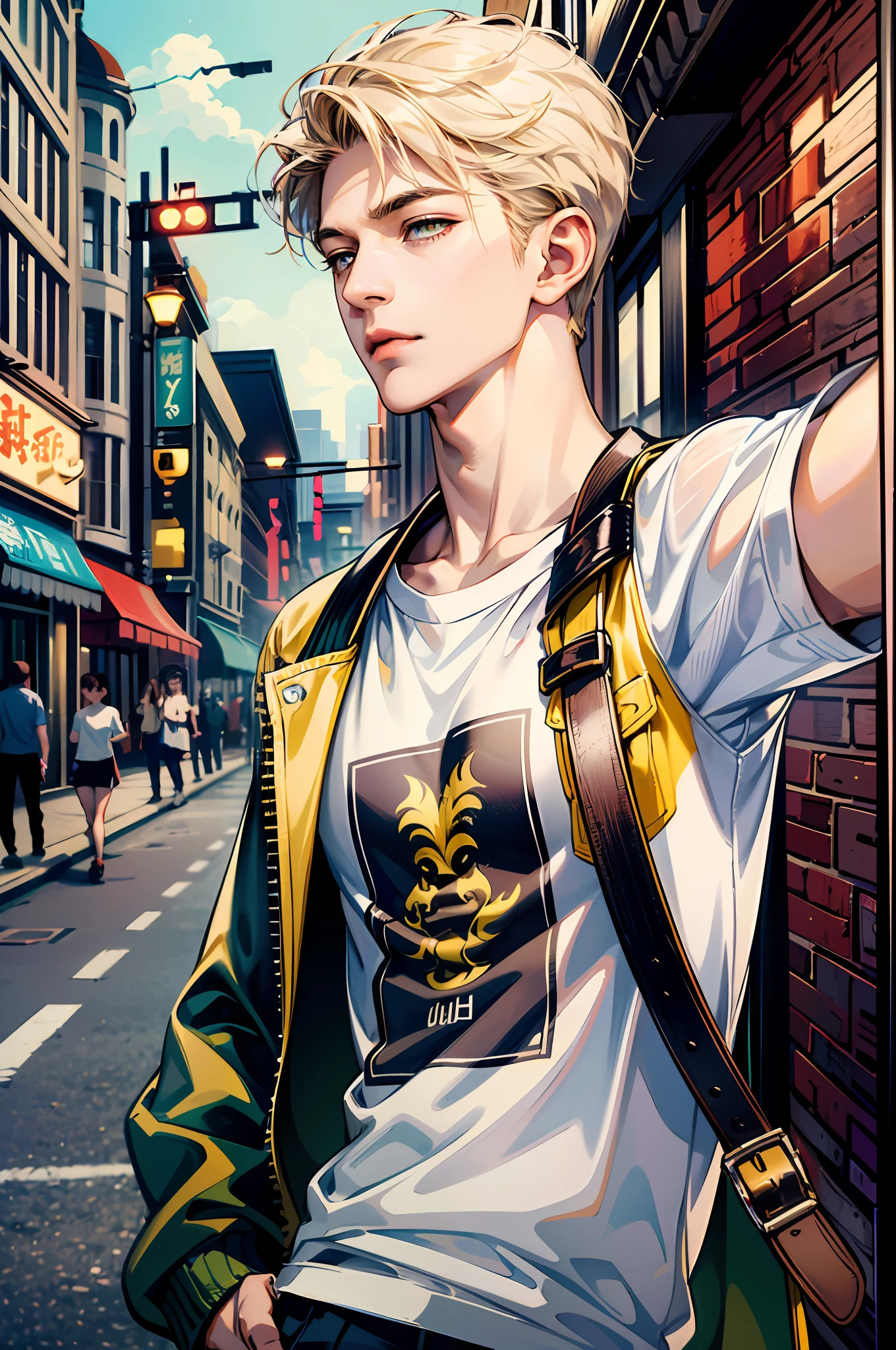 (absurderes、hight resolution、ultra-detailliert、nffsw)、masterpiece、top-quality、1boy、a handsome、shorth hair、a blond、finely eye and detailed face、(white t-shirts)、(Yellow jacket)、brow、Street、nightcity、Selfie shots、Light smile
