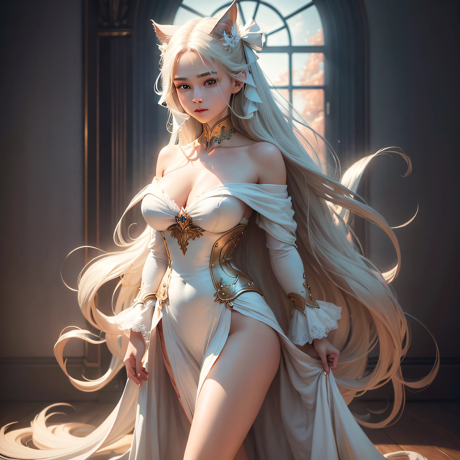 (Long hair: 1.6), floating hair, (white ribbon on hair), best quality, masterpiece, illustration, extremely delicate beauty, extremely detailed, CG, , 8k wallpaper, amazing, fine details, masterpiece, best quality, official art, extremely detailed CG Unity 8k wallpaper, ridiculous, incredibly ridiculous, huge file size, super detailed, high resolution, extremely detailed, beautiful detailed girl, extremely detailed eyes and face, beautiful detail eyes, light on face, whole body, (Full body), Masterpiece, Ultra Realistic, 32k, Extremely detailed CG Unity 8k wallpaper, best quality, (male and female cuddles), man muscular naked, woman sexy, cleavage, off-the-shoulder, sexy, bare legs, standing --auto
