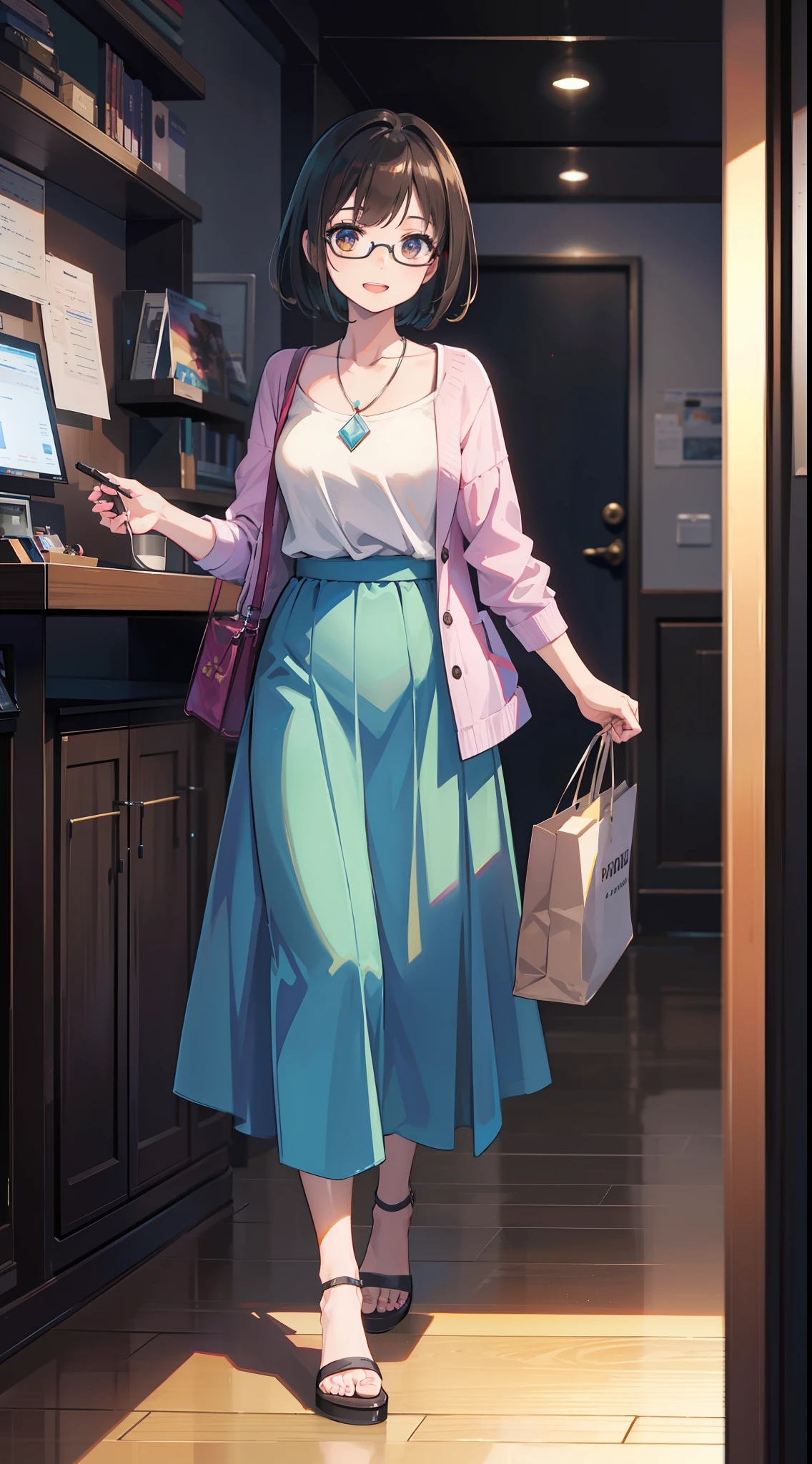 ((top-quality)), ((masterpiece)), (detaileds:1.4),Girl standing in shirt in bright city,Uptail,wears glasses,brown,Wearing a small necklace,long skirt, Light purple long skirt,summer clothing ,Looking at the camera、a smile、Woman laughing, modern casual clothing, casual clothing style, casual modern clothing, Laughing with open mouth、 full body length, Full body, HDR(HighDynamicRange),Ray traching,NVIDIA RTX,Hyper-Resolution,Unreal 5,sub-surface Scattering,PBR Texturing,Postprocess,Anisotropy Filtering,depth of fields,Maximum clarity and sharpness,multi-layer texture,Albedo and specular maps,Surface Shading,Accurate simulation of light-material interactions,perfectly proportions,Octane Rendering,Two-tone lighting,Wide aperture,Low ISO、White Balance、thirds rule、8K RAW、