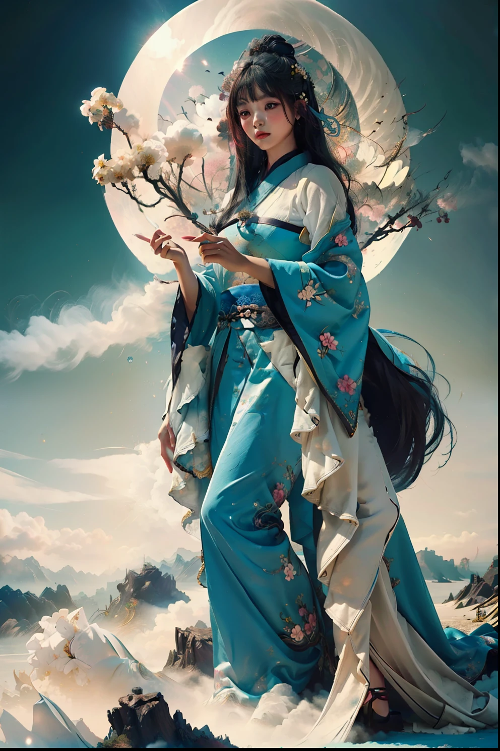 zhongfenghua, 1girl, (full body) solo, hanfu, flower field, blossom, (white smokes:1.3) (photorealistic:1.4), zentangle, mandala, entangle, official art, unity 8k wallpaper, ultra detailed, beautiful and aesthetic, masterpiece,best quality, (dynamic angle:1.4), glowing skin, (floating colorful sparkles:1) the most beautiful form of chaos, elegant, a brutalist designed, vivid colours, romanticism depth of field,