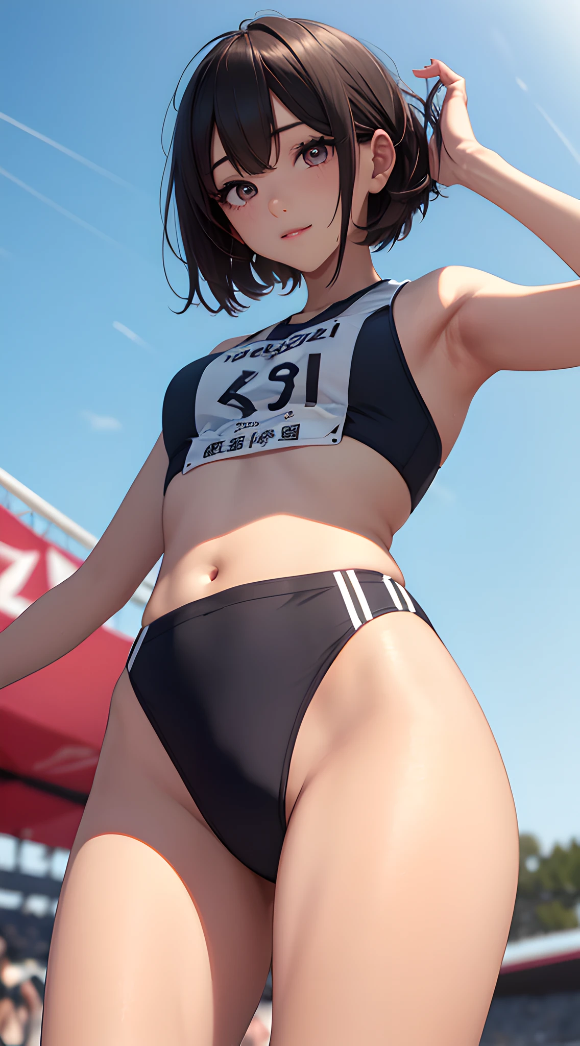 (masterpiece, best quality, thin line:1.4), 8k, 85mm portrait, raw photo, absurdres, delicate girl, cowboy shot, (thighs, from below:1.3), shiny skin, (track uniforms, sportswear, sports bras, sports bikinis:1.3), rikujou, track and field, , looking at viewer, 18yo, short hair, HDR, sharp focus, highres, photography, realistic, highest detailed, extreme detailed, ultra detailed, finely detail, detailed eyes and face, sharp pupils, realistic pupils, (smile:0.8), (bokeh background:1.2)