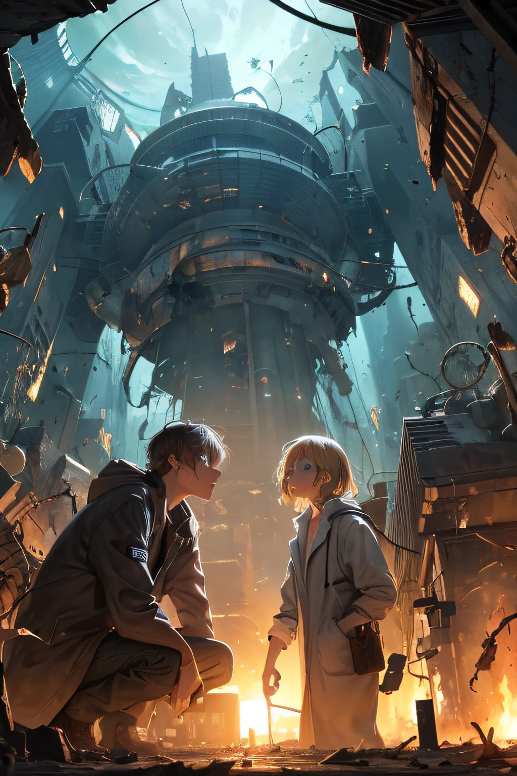 After years of working on a top-secret project, a scientist discovers that their invention has caused catastrophic consequences for humanity. As they look at the destruction and chaos around them, they break down in tears, realizing the weight of their regret and the irreversible damage they have caused.