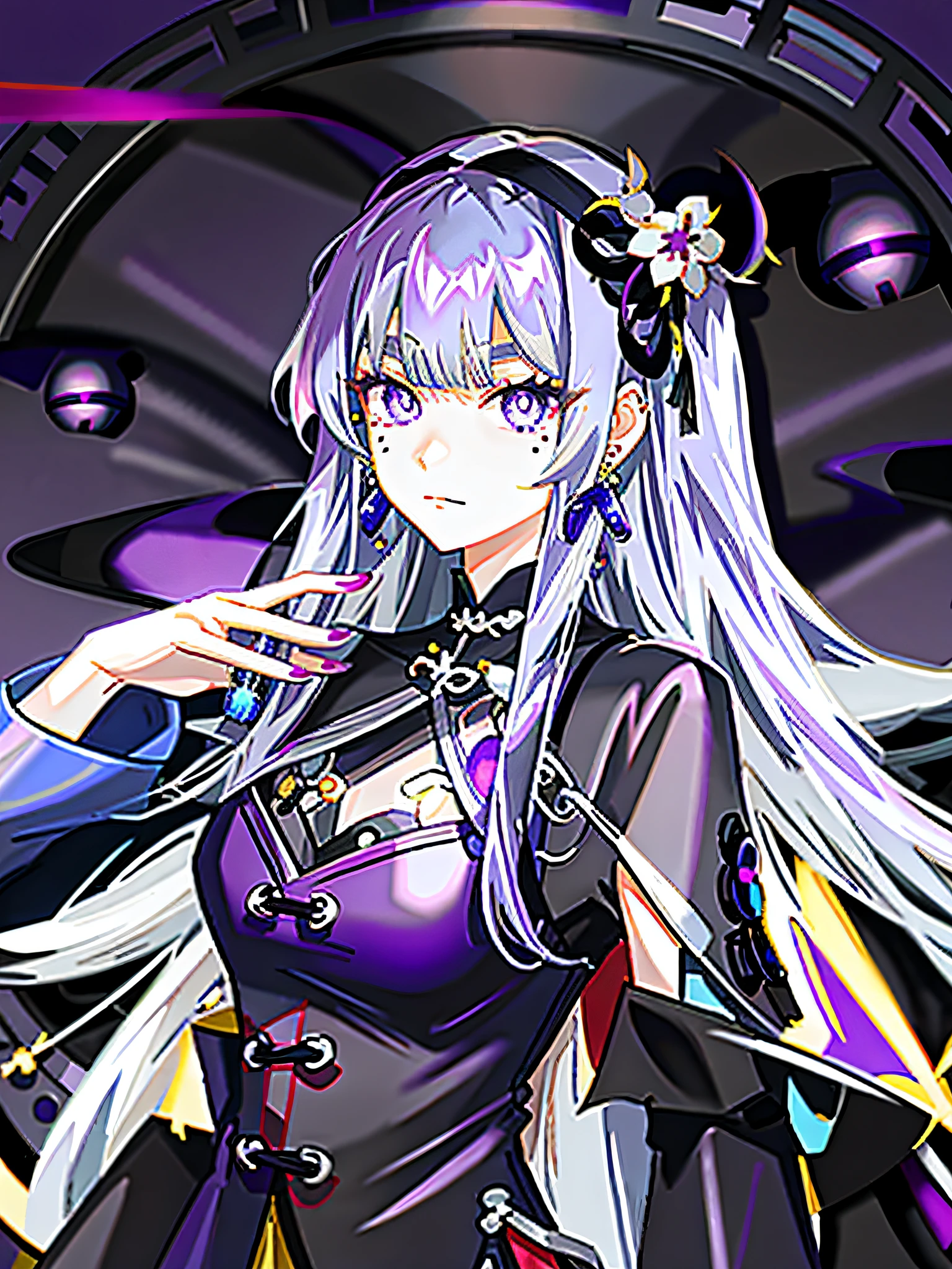 Qi bangs, Long straight hair, tear-mole, Purple pupils, long eyelasher, Blue-purple cheongsam, Black heels, Relatively mature, Silver cross earrings, Finger chains, Anime,