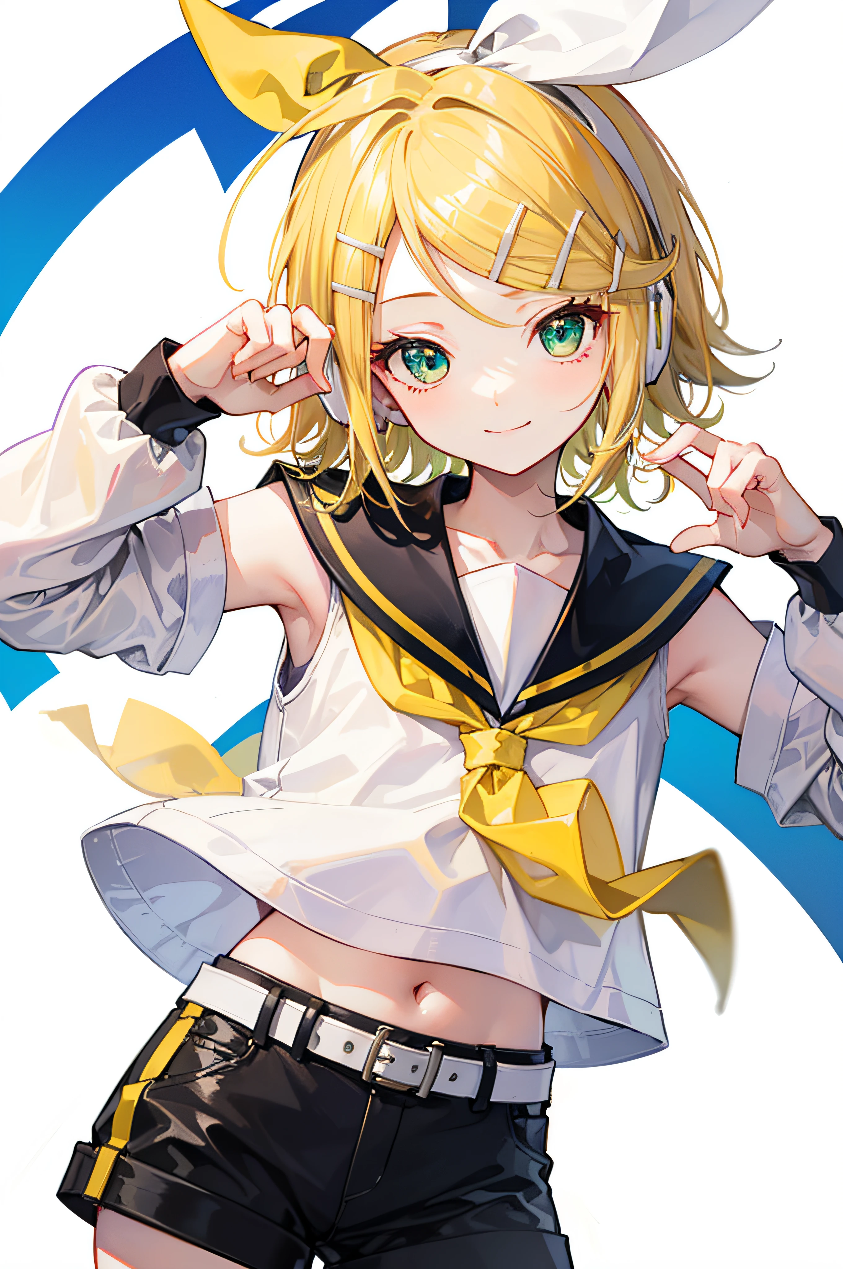 best quality, ultra precision, one girl, (Kagamine_Rin), green eyes, cute, short hair, white hair ribbon, hair clips, head phone, blond hair, sailor uniform, black short pants, belt, yellow neckerchief, sleeveless, smile, high school student, older sister, white background